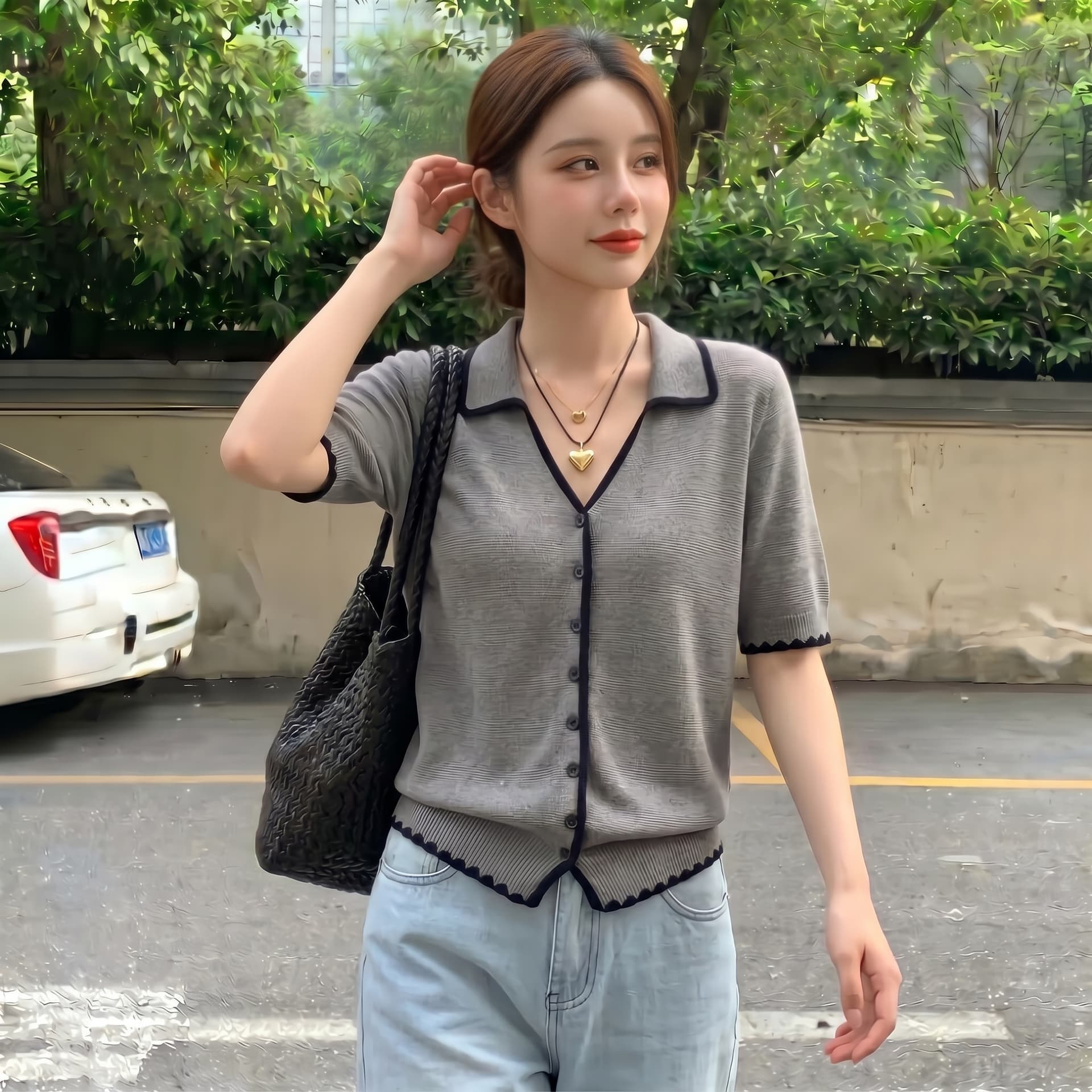 실사 빅 사이즈 한 부서 레트로 POLO 칼라 얇은 스타일 얼음 실크 반팔 여성 여름 자수 패치워크 색상 캐주얼 니트 맨위 상세 이미지 8