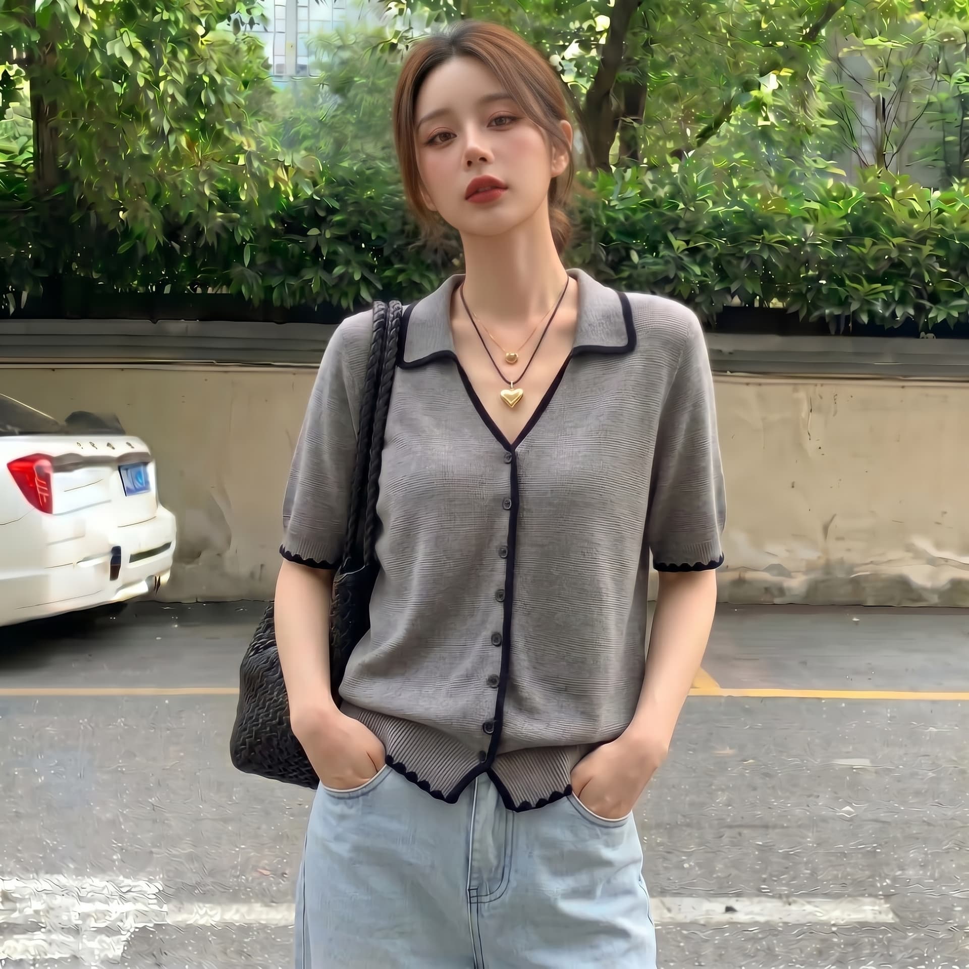 실사 빅 사이즈 한 부서 레트로 POLO 칼라 얇은 스타일 얼음 실크 반팔 여성 여름 자수 패치워크 색상 캐주얼 니트 맨위 상세 이미지 9