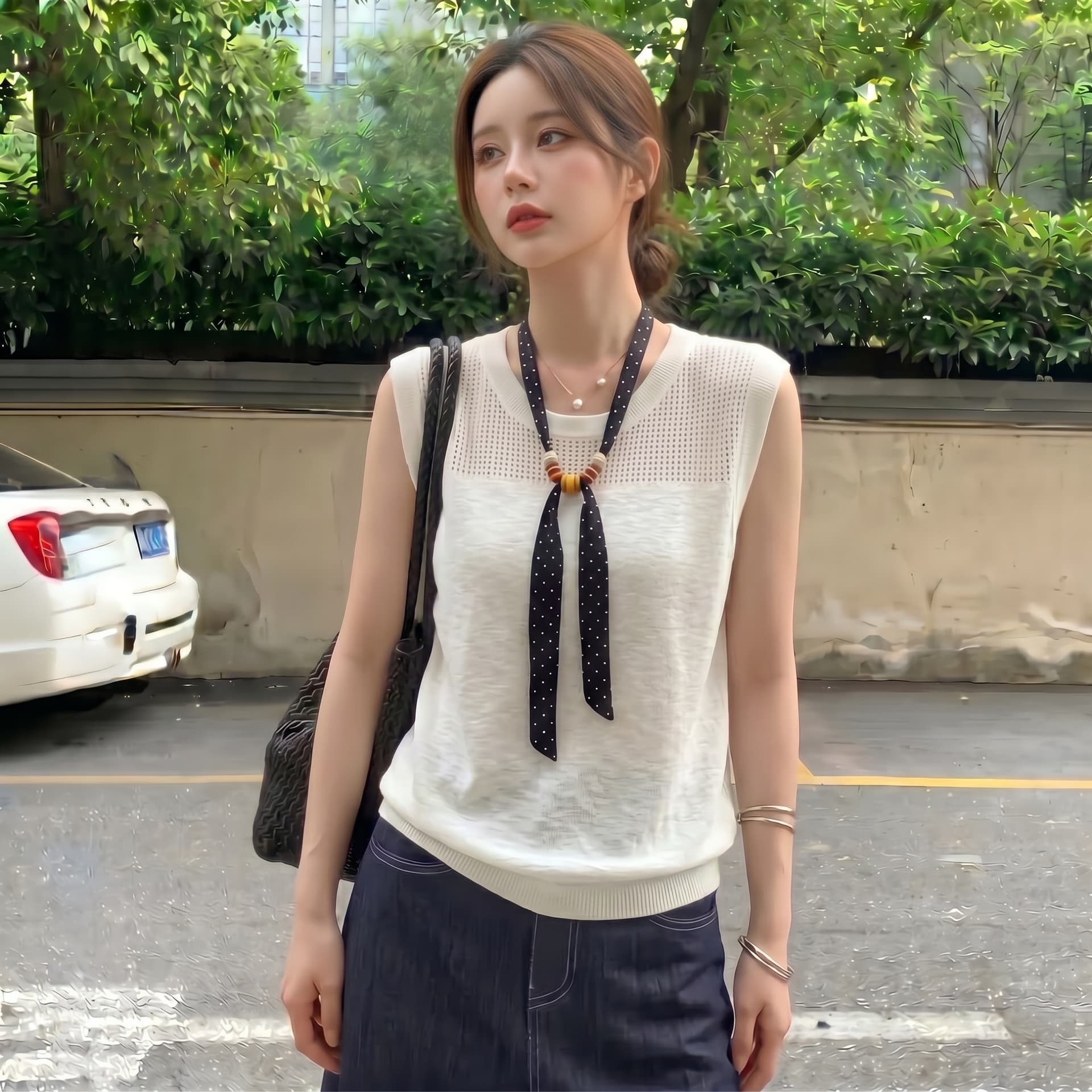 실사 빅 사이즈 프랑스식 배색 스카프 레트로 홀로우 아웃 니트 스웨터 여성 회색 캐주얼 미니멀리즘 얇은 스타일 맨위 상세 이미지 3