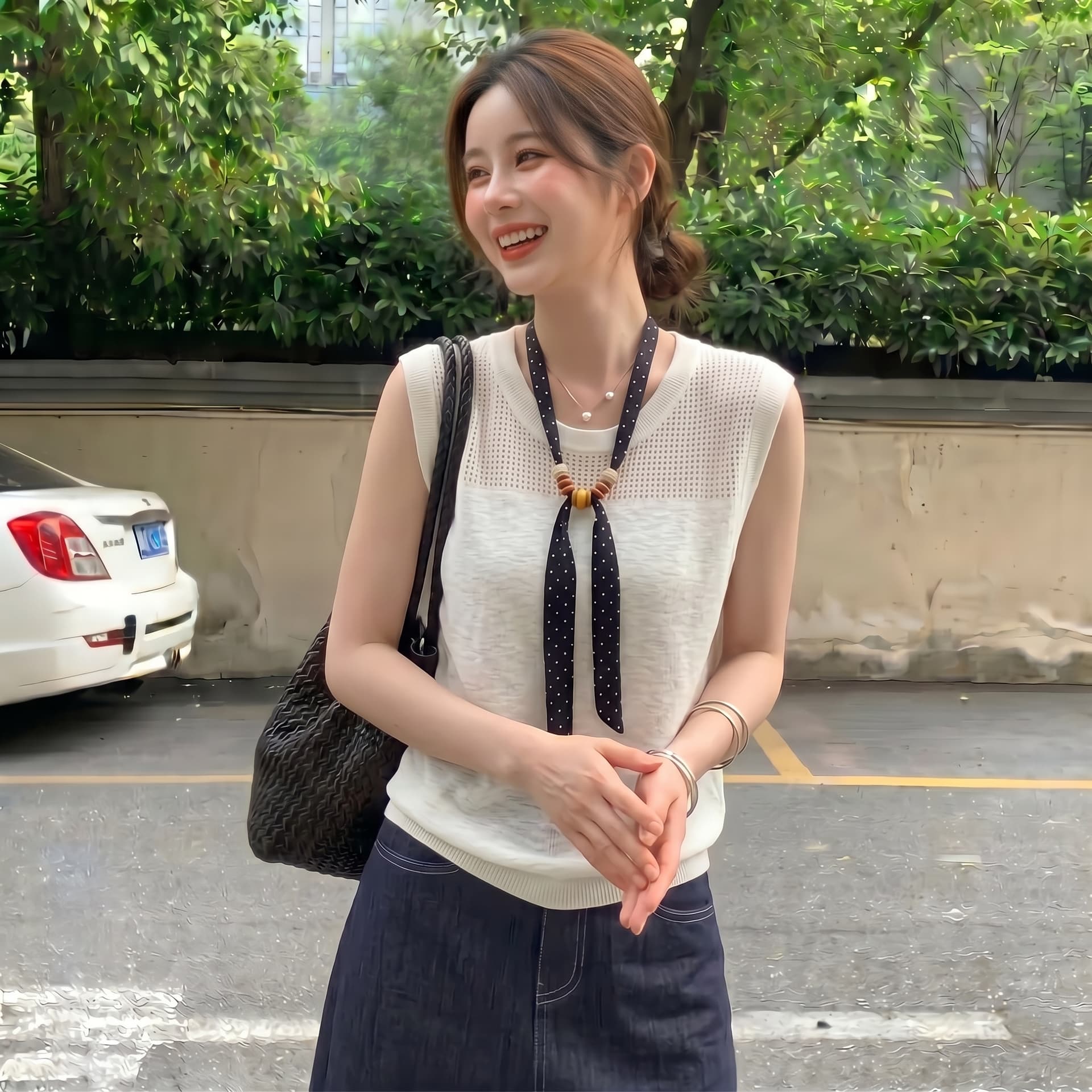 실사 빅 사이즈 프랑스식 배색 스카프 레트로 홀로우 아웃 니트 스웨터 여성 회색 캐주얼 미니멀리즘 얇은 스타일 맨위 상세 이미지 4