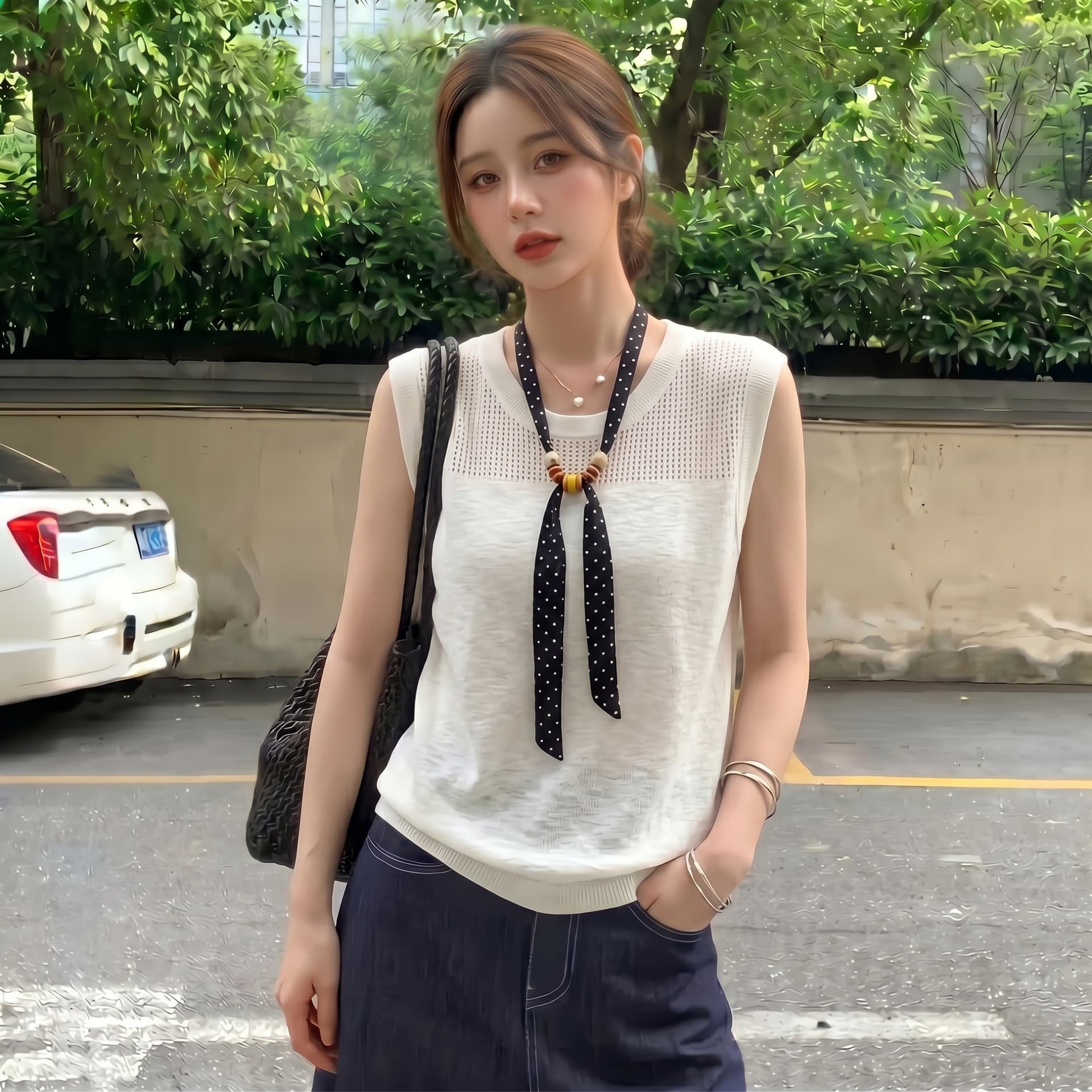 실사 빅 사이즈 프랑스식 배색 스카프 레트로 홀로우 아웃 니트 스웨터 여성 회색 캐주얼 미니멀리즘 얇은 스타일 맨위 상세 이미지 5