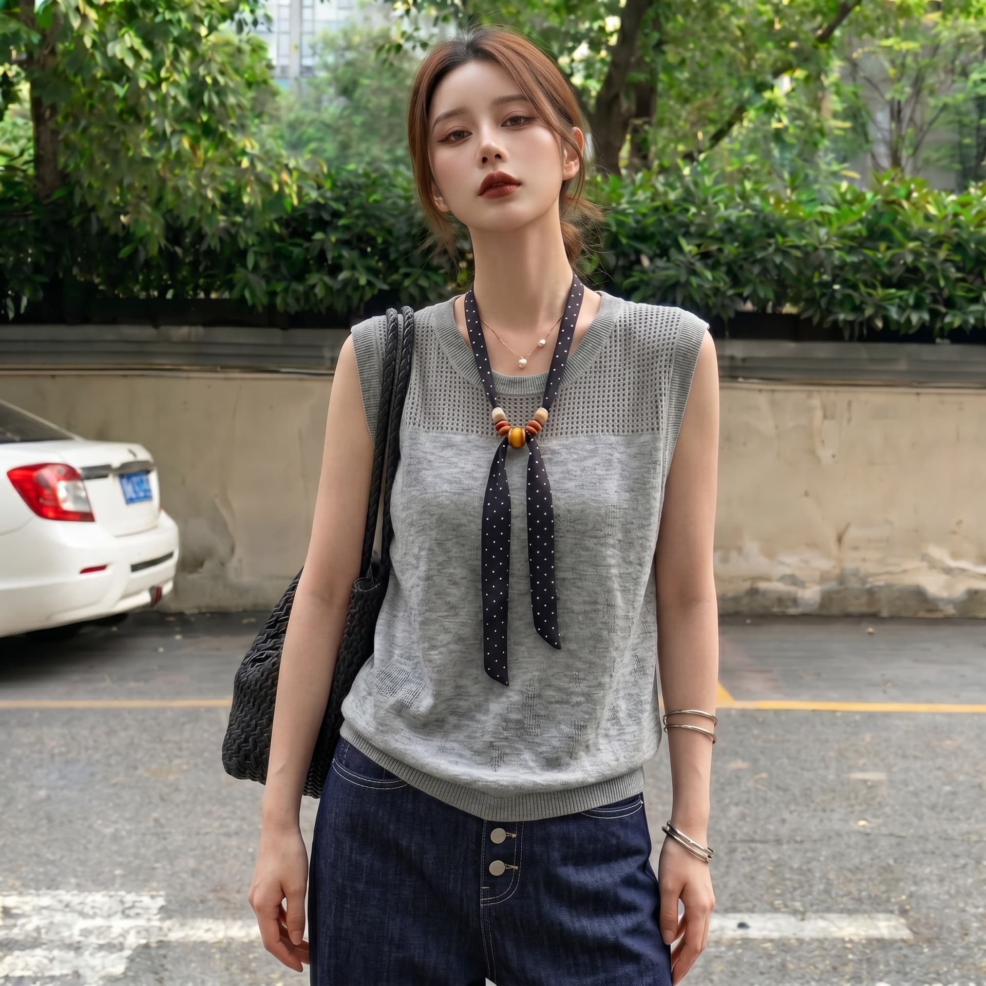 실사 빅 사이즈 프랑스식 배색 스카프 레트로 홀로우 아웃 니트 스웨터 여성 회색 캐주얼 미니멀리즘 얇은 스타일 맨위 상세 이미지 10