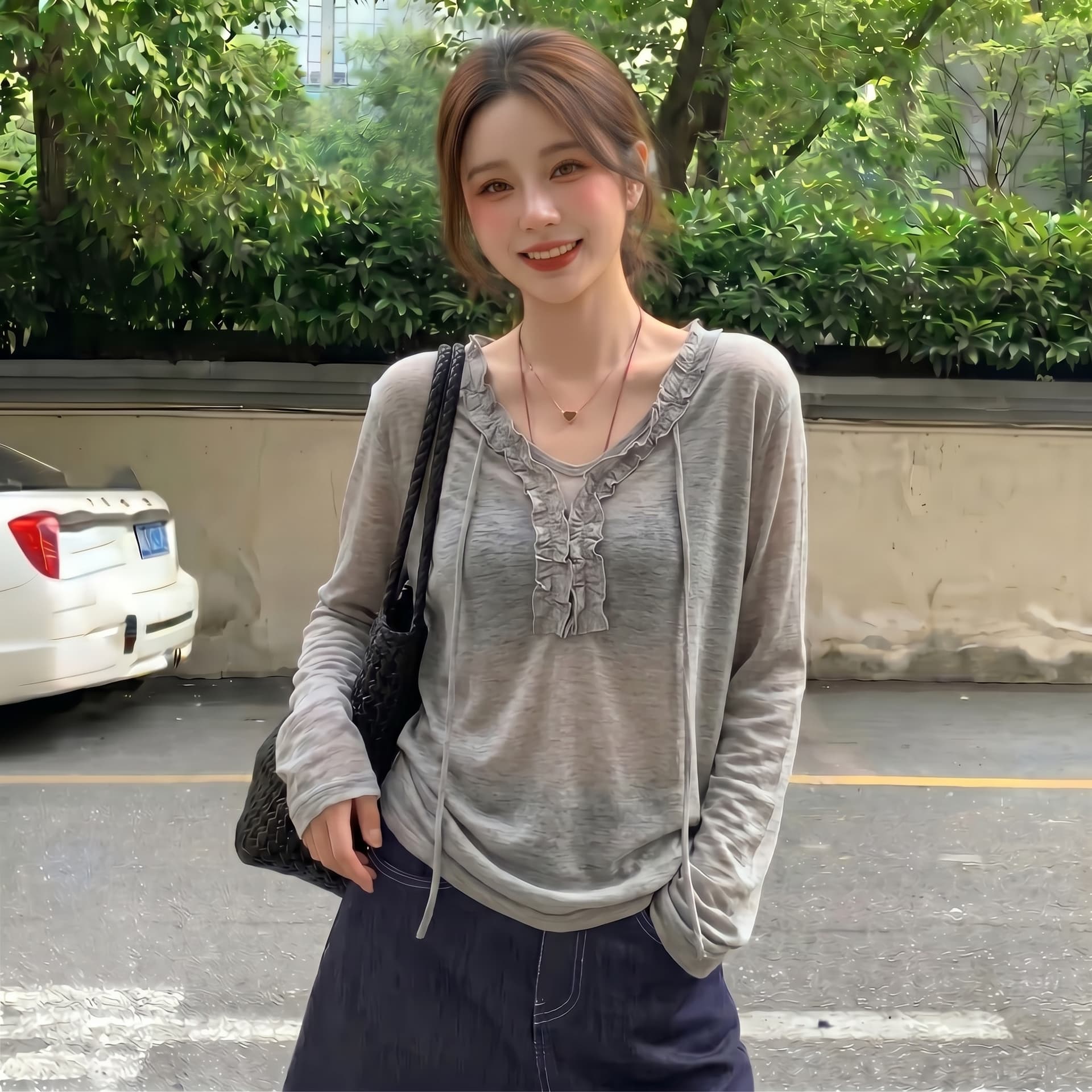 실사 빅 사이즈 여름 부드러운 바람 한 부서 회색 V넥 자외선 차단 긴팔 티셔츠 여성 블라우스 외부 가져 가라. 에어컨 맨위 이미지 3