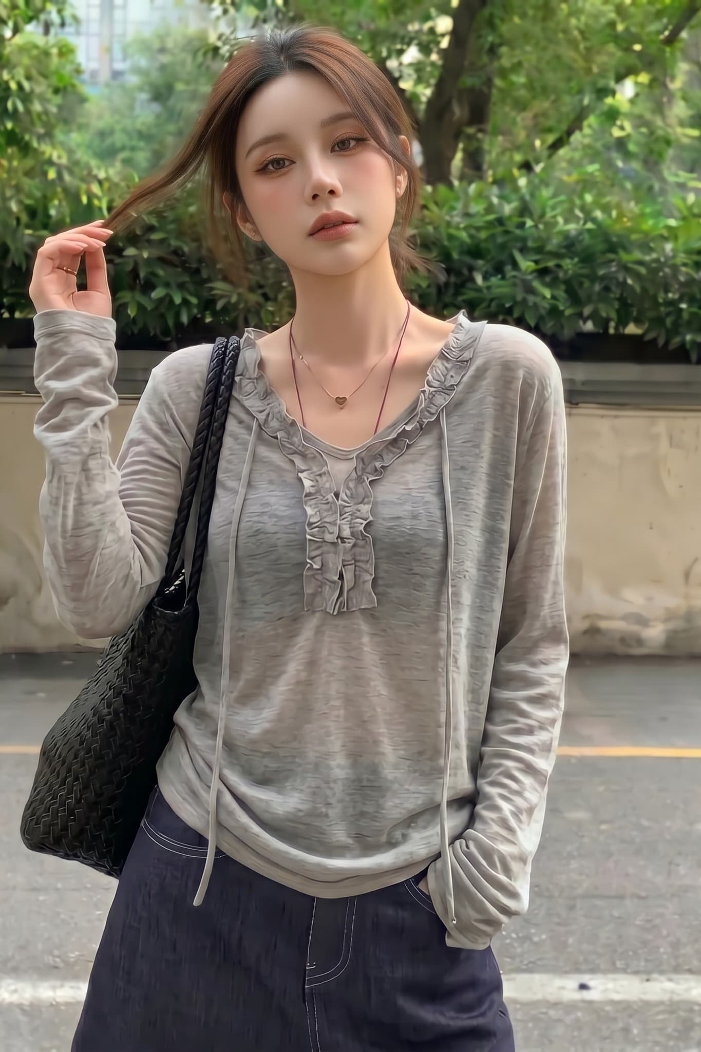 실사 빅 사이즈 여름 부드러운 바람 한 부서 회색 V넥 자외선 차단 긴팔 티셔츠 여성 블라우스 외부 가져 가라. 에어컨 맨위 이미지 6