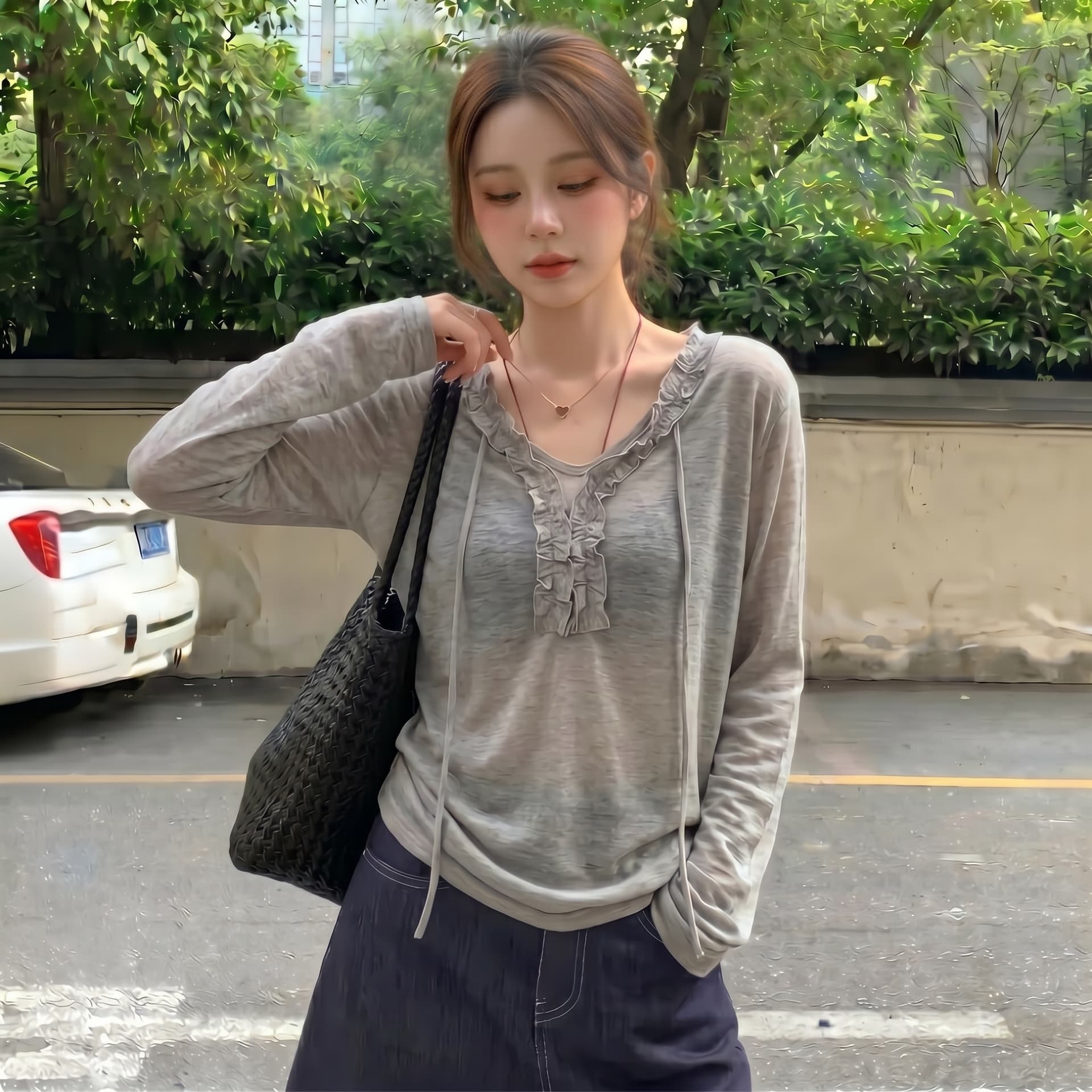 실사 빅 사이즈 여름 부드러운 바람 한 부서 회색 V넥 자외선 차단 긴팔 티셔츠 여성 블라우스 외부 가져 가라. 에어컨 맨위 상세 이미지 2