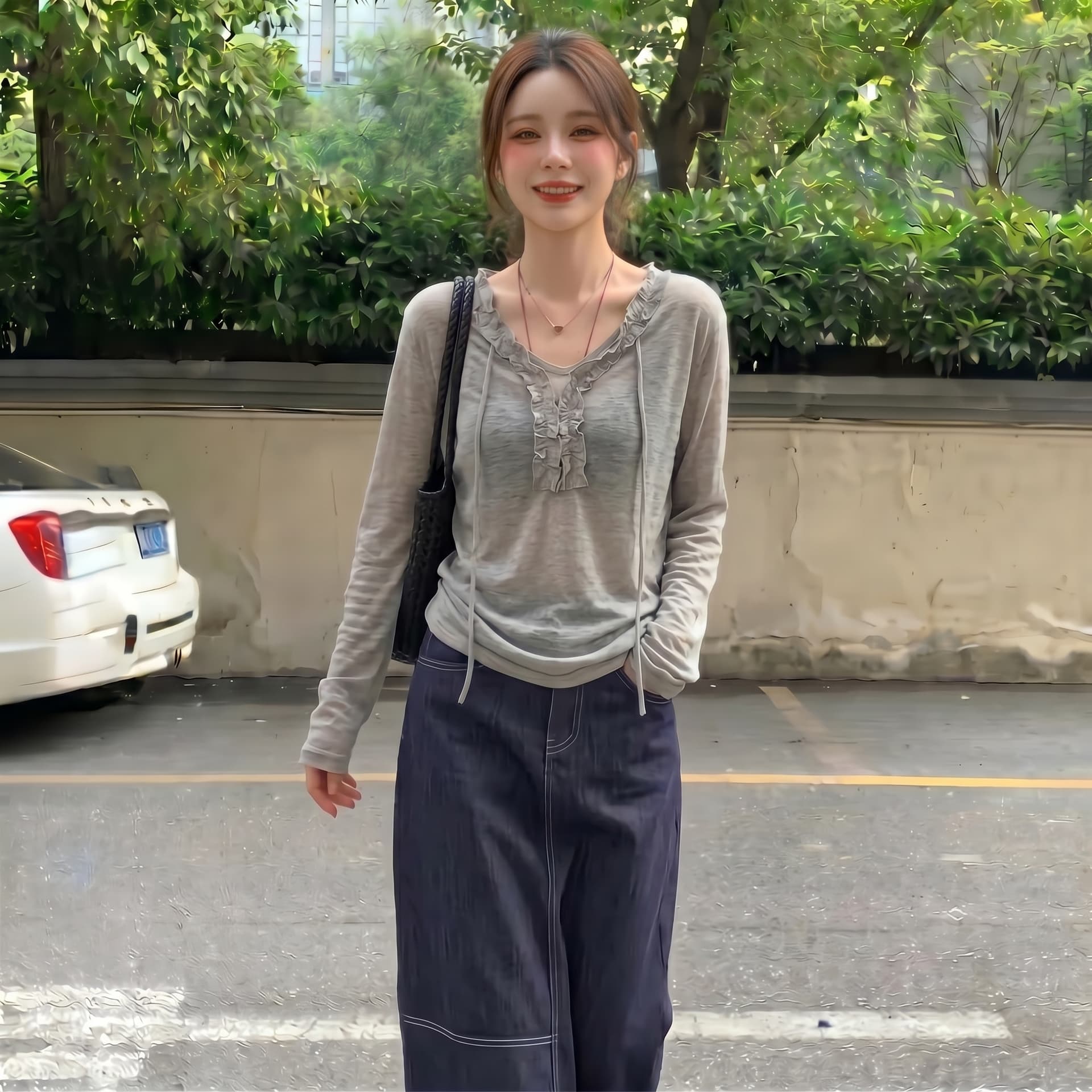실사 빅 사이즈 여름 부드러운 바람 한 부서 회색 V넥 자외선 차단 긴팔 티셔츠 여성 블라우스 외부 가져 가라. 에어컨 맨위 상세 이미지 3