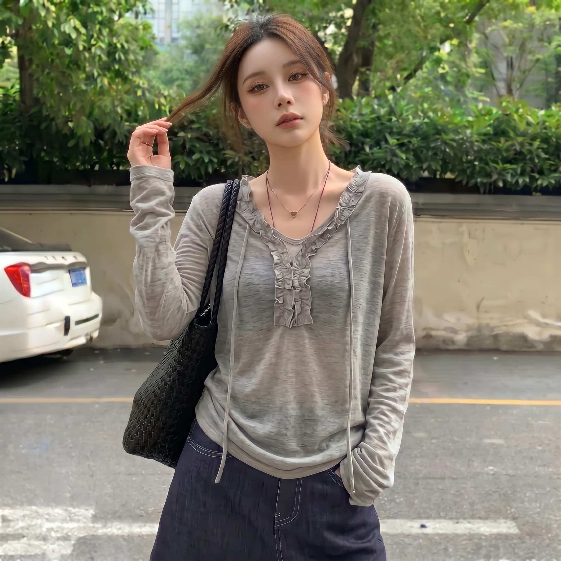 실사 빅 사이즈 여름 부드러운 바람 한 부서 회색 V넥 자외선 차단 긴팔 티셔츠 여성 블라우스 외부 가져 가라. 에어컨 맨위 상세 이미지 4