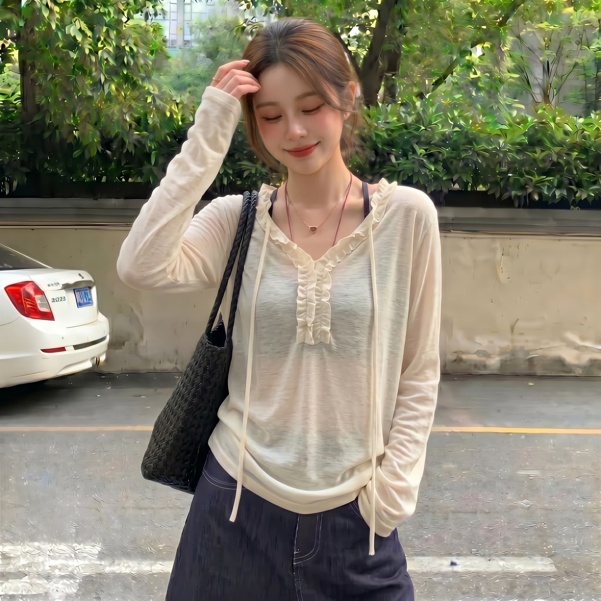 실사 빅 사이즈 여름 부드러운 바람 한 부서 회색 V넥 자외선 차단 긴팔 티셔츠 여성 블라우스 외부 가져 가라. 에어컨 맨위 상세 이미지 8