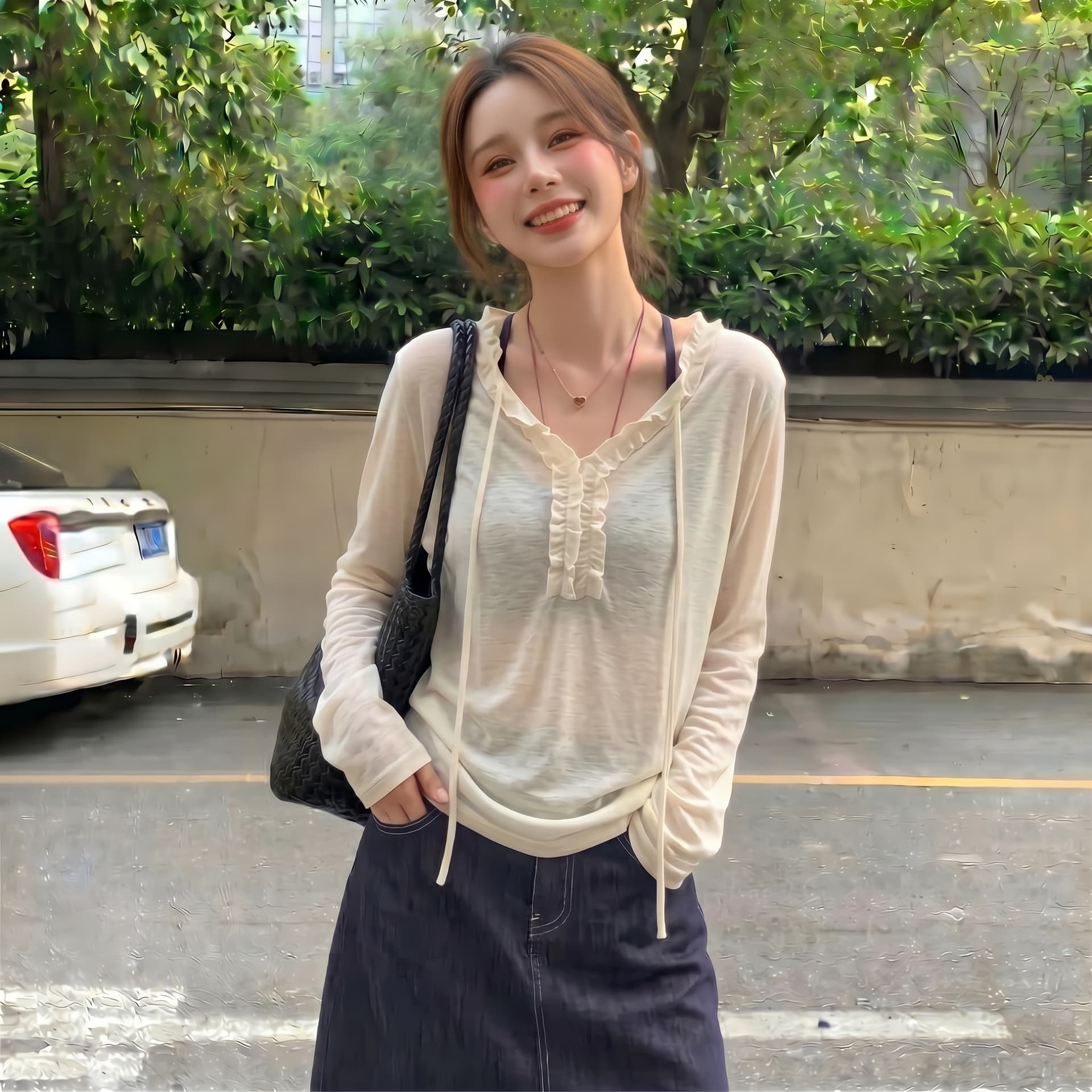실사 빅 사이즈 여름 부드러운 바람 한 부서 회색 V넥 자외선 차단 긴팔 티셔츠 여성 블라우스 외부 가져 가라. 에어컨 맨위 상세 이미지 9