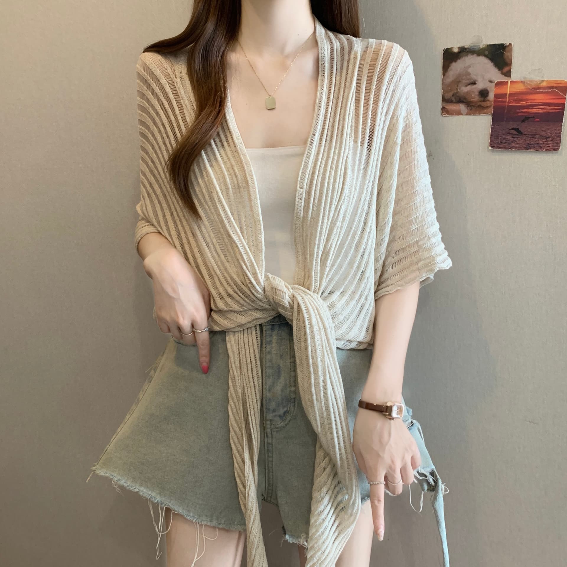 실사 빅 사이즈 여름 한 부서 느긋한 바람 질감 센스 니트 스웨터 오픈 가디건 여성 재킷 다용도 통기성 에어컨 블라우스 상세 이미지 13