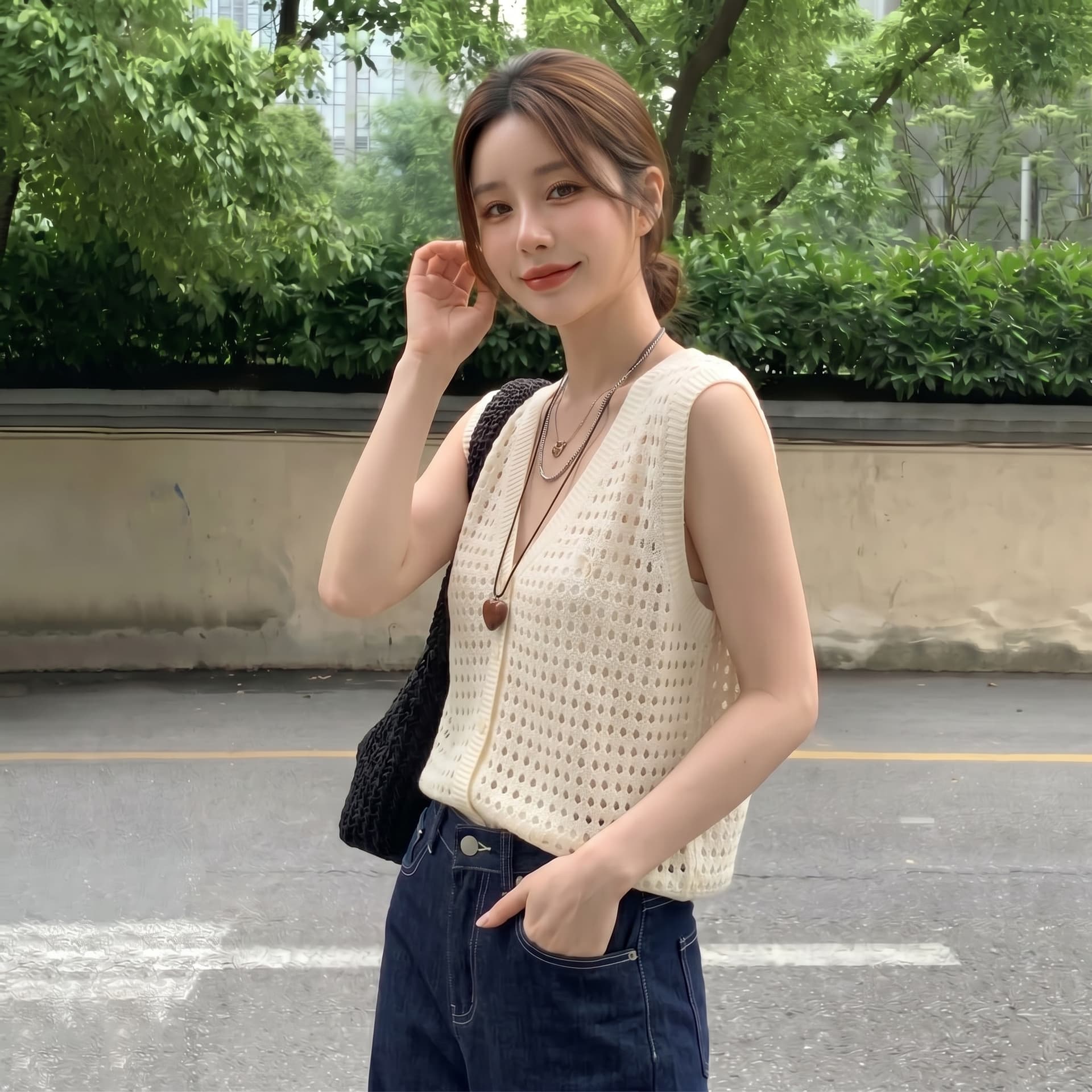 실사 빅 사이즈 여름 새로운 V넥 홀로우 아웃 조끼 여자 레트로 얇은 스타일 한 부서 다용도 외출용 블라우스 맨위 이미지 2