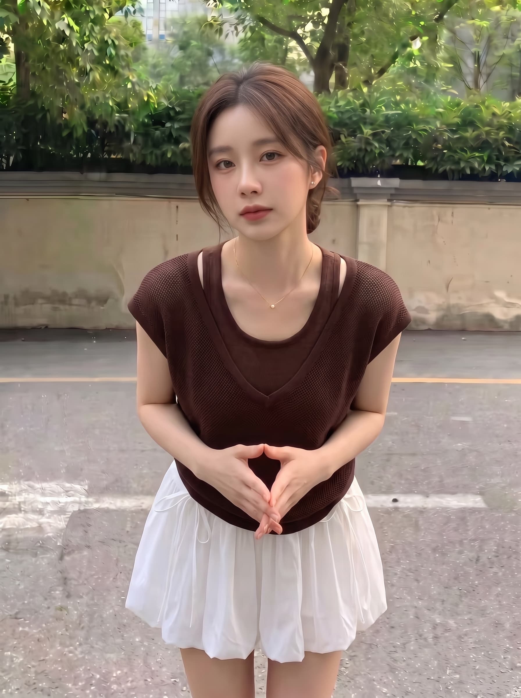 실사 빅 사이즈 박하 녹색 V넥 홀로우 아웃 가짜 2 피스 슈트 니트 반팔 티셔츠 여성 여름 디자인 센스 날다 소매 맨위 이미지 2