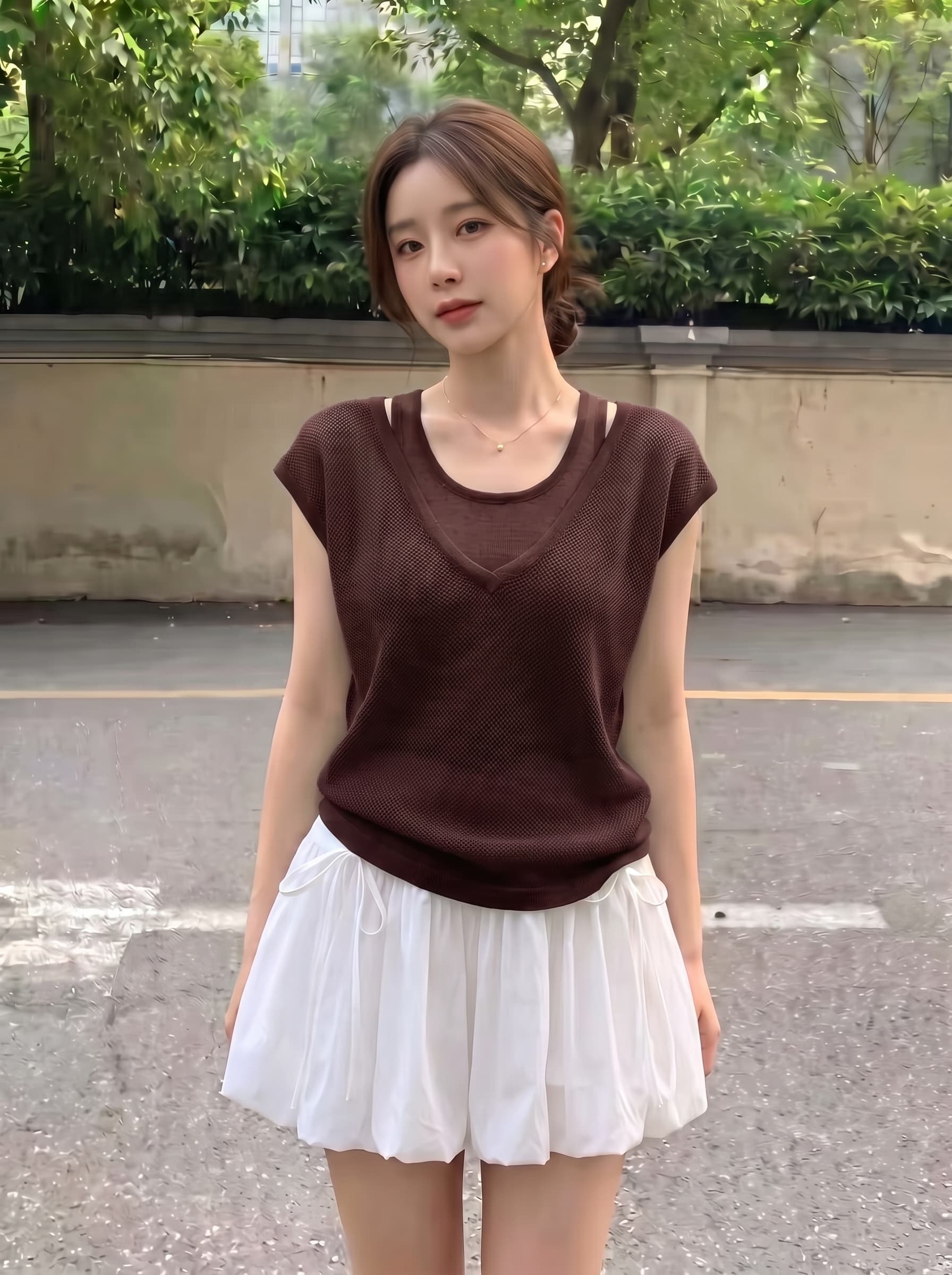 실사 빅 사이즈 박하 녹색 V넥 홀로우 아웃 가짜 2 피스 슈트 니트 반팔 티셔츠 여성 여름 디자인 센스 날다 소매 맨위 상세 이미지 2