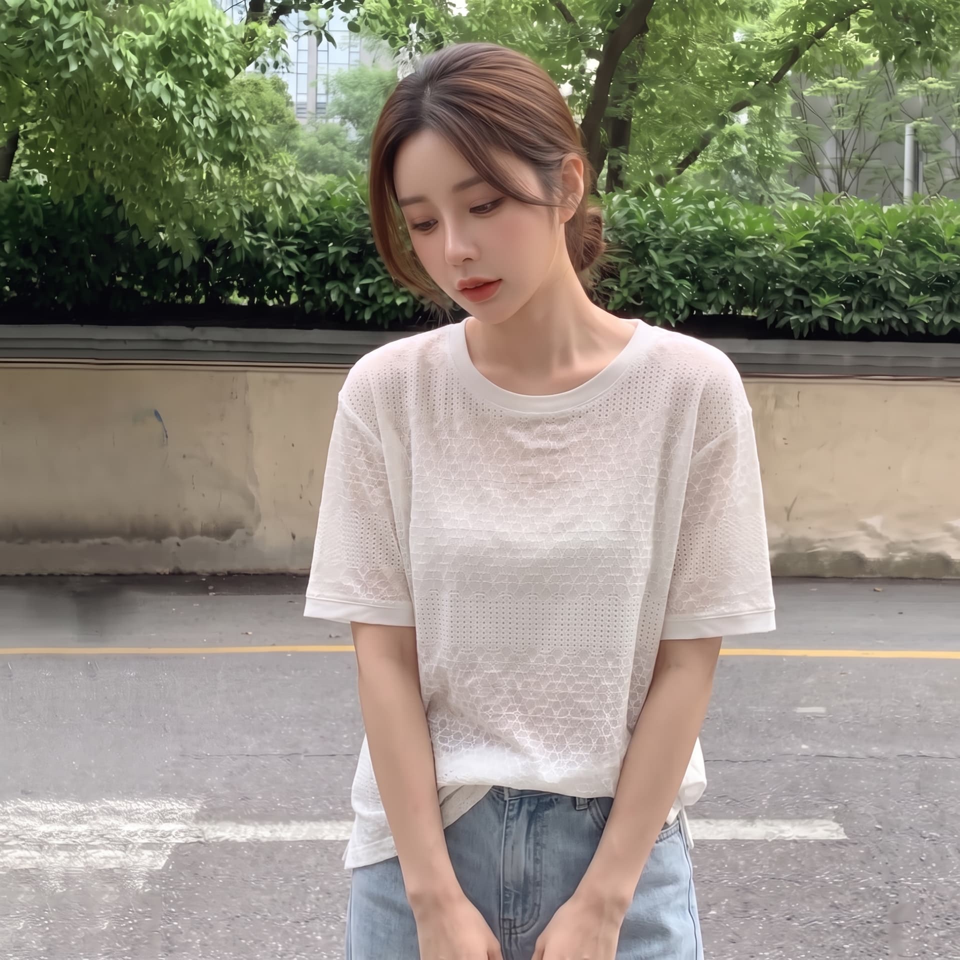 실사 빅 사이즈 한 부서 레트로 무거운 작업 자수 홀로우 아웃 여성 셔츠 마이크로 지방 루즈핏 슬림해 보이는 차가운 센스 반팔 맨위 여성 이미지 5