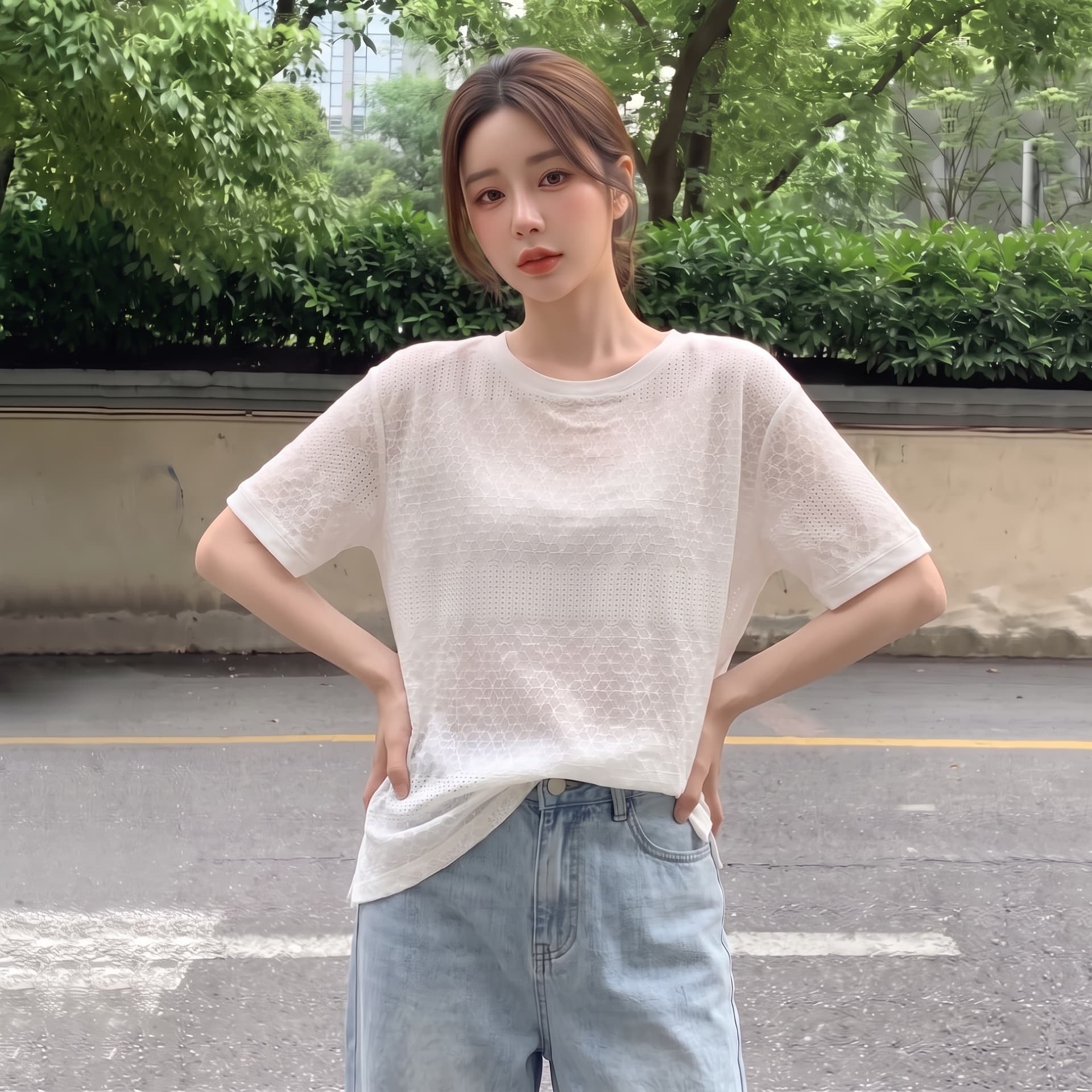 실사 빅 사이즈 한 부서 레트로 무거운 작업 자수 홀로우 아웃 여성 셔츠 마이크로 지방 루즈핏 슬림해 보이는 차가운 센스 반팔 맨위 여성 이미지 4