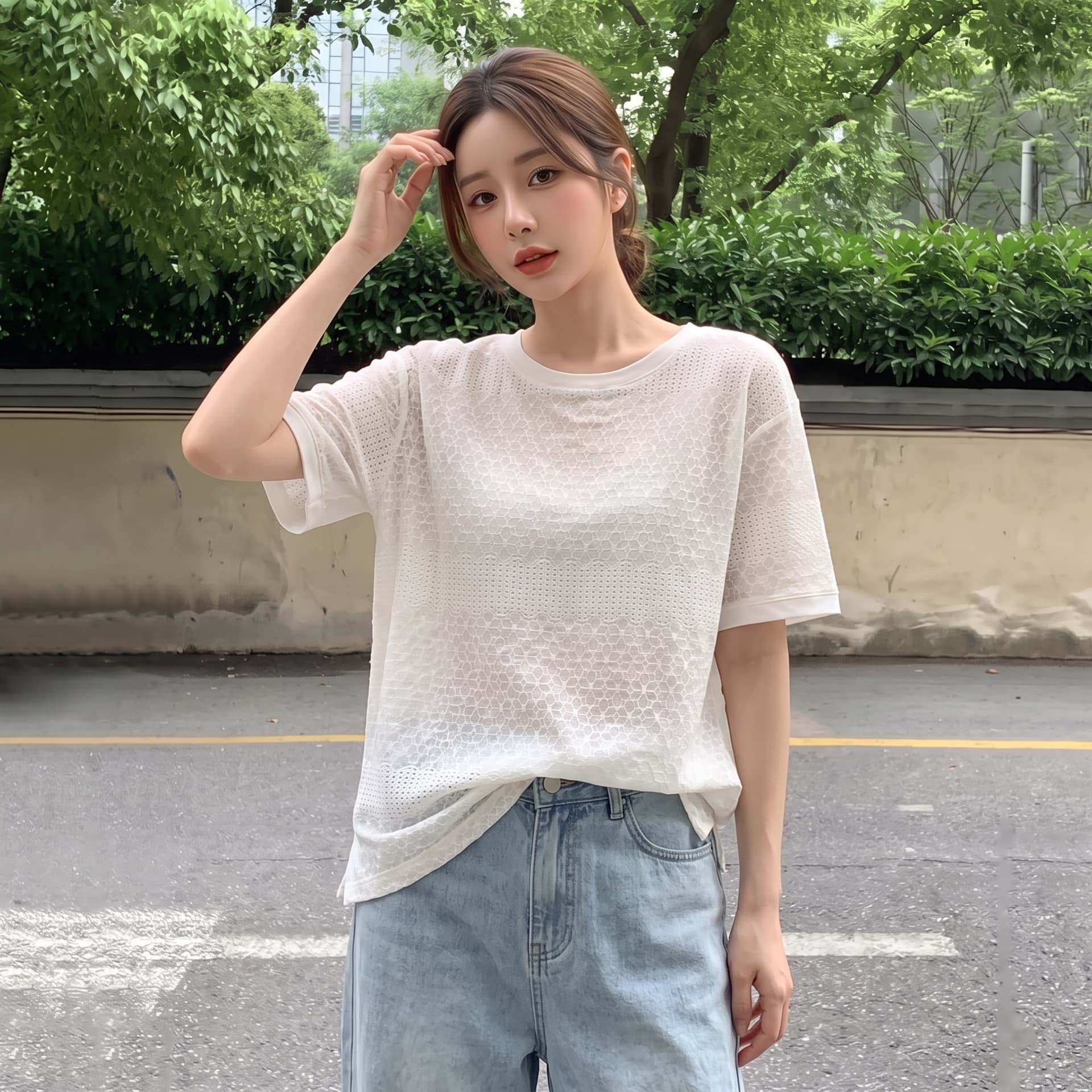 실사 빅 사이즈 한 부서 레트로 무거운 작업 자수 홀로우 아웃 여성 셔츠 마이크로 지방 루즈핏 슬림해 보이는 차가운 센스 반팔 맨위 여성 이미지 3