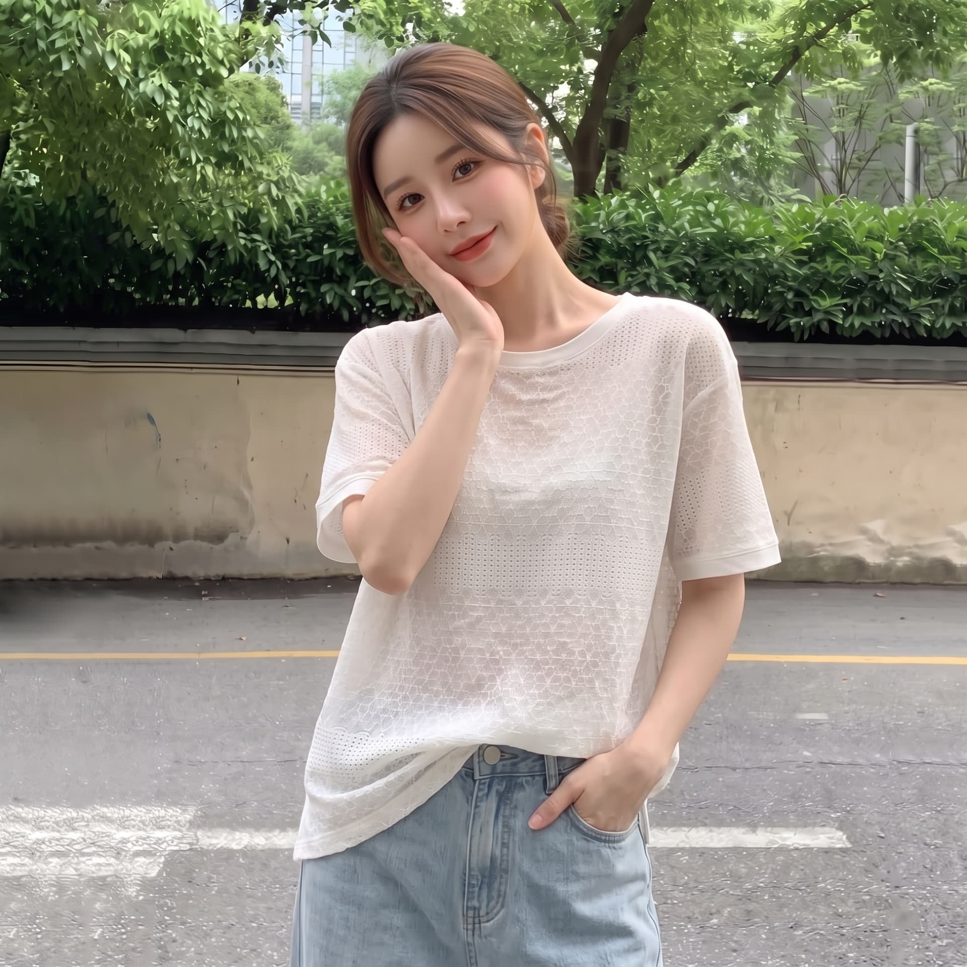 실사 빅 사이즈 한 부서 레트로 무거운 작업 자수 홀로우 아웃 여성 셔츠 마이크로 지방 루즈핏 슬림해 보이는 차가운 센스 반팔 맨위 여성 이미지 2