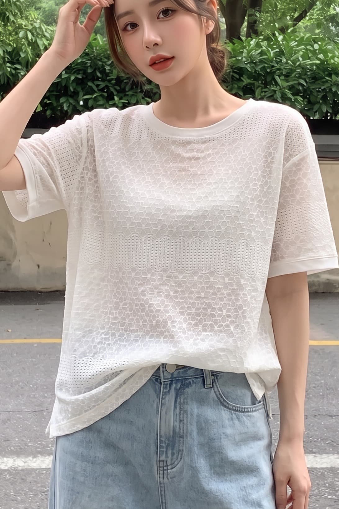 실사 빅 사이즈 한 부서 레트로 무거운 작업 자수 홀로우 아웃 여성 셔츠 마이크로 지방 루즈핏 슬림해 보이는 차가운 센스 반팔 맨위 여성 이미지 6