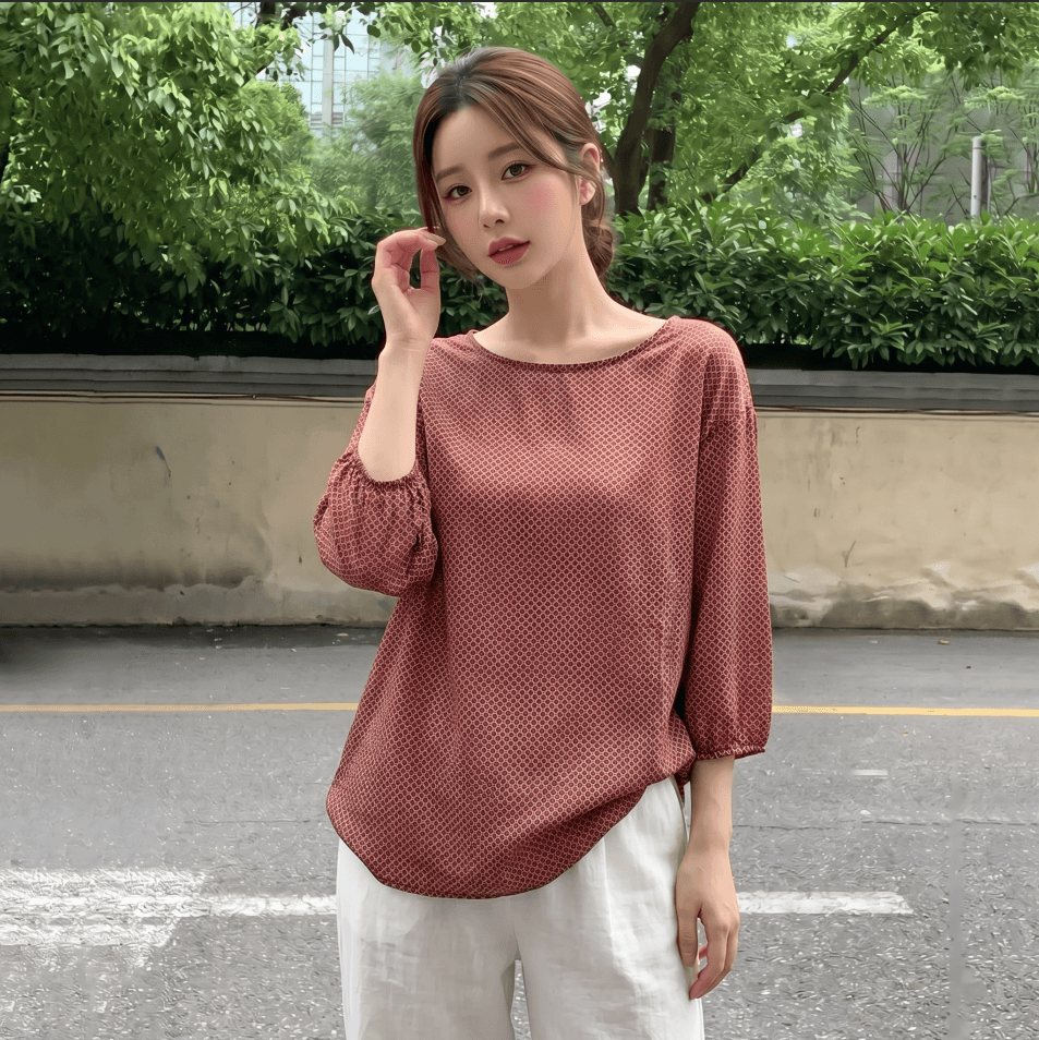 실사 빅 사이즈 가을 새로운 레트로 얇은 스타일 아름다운 작은 셔츠 여성 마이크로 지방 외국 가스 쉬폰 프린트 중간 소매 맨위