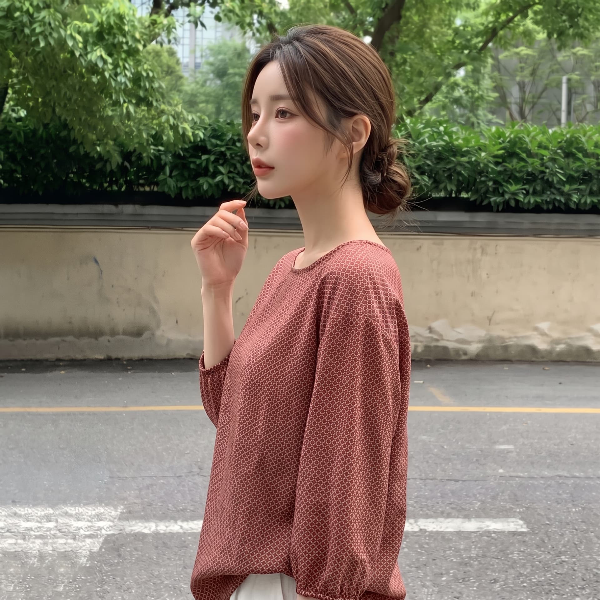 실사 빅 사이즈 가을 새로운 레트로 얇은 스타일 아름다운 작은 셔츠 여성 마이크로 지방 외국 가스 쉬폰 프린트 중간 소매 맨위 상세 이미지 2