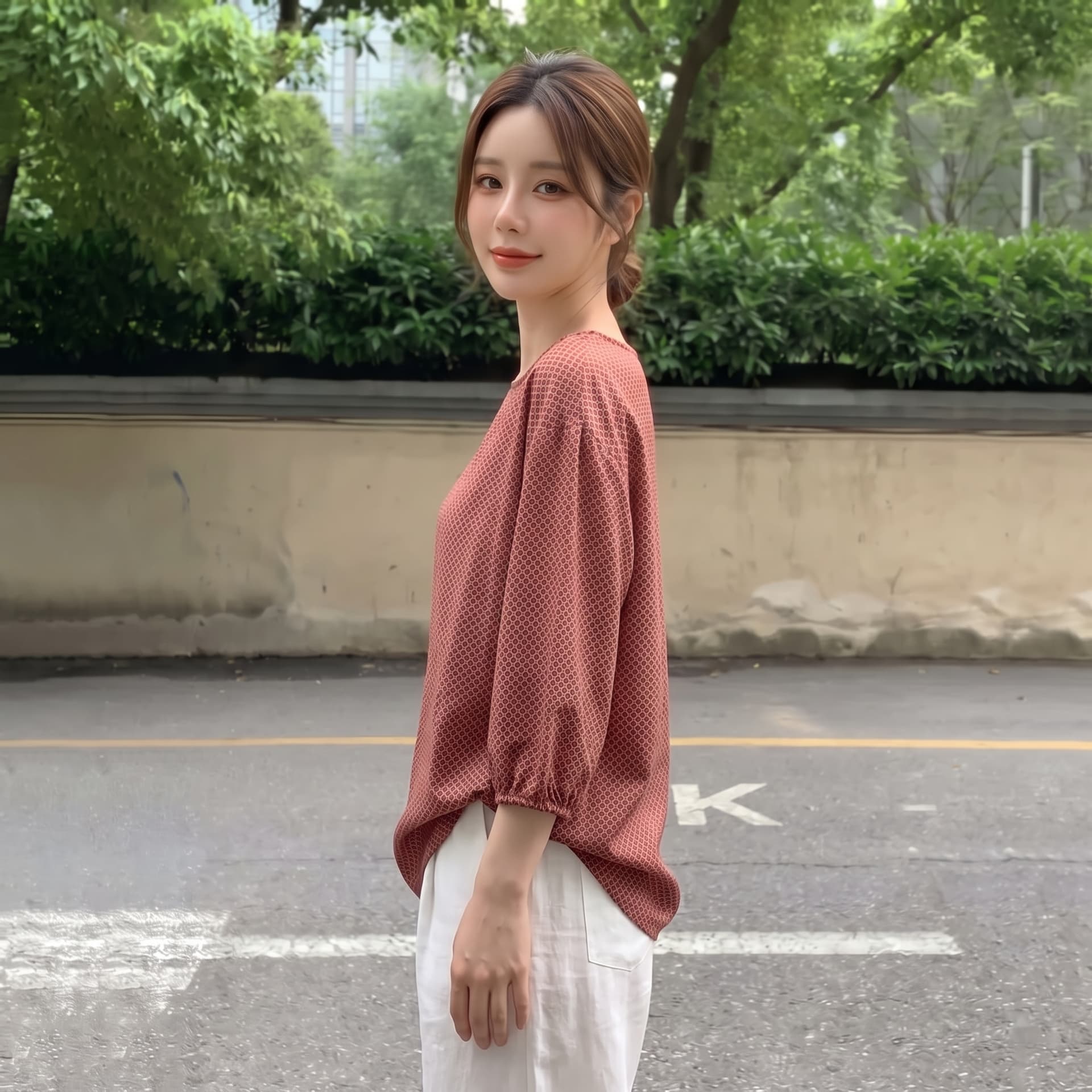 실사 빅 사이즈 가을 새로운 레트로 얇은 스타일 아름다운 작은 셔츠 여성 마이크로 지방 외국 가스 쉬폰 프린트 중간 소매 맨위 상세 이미지 3