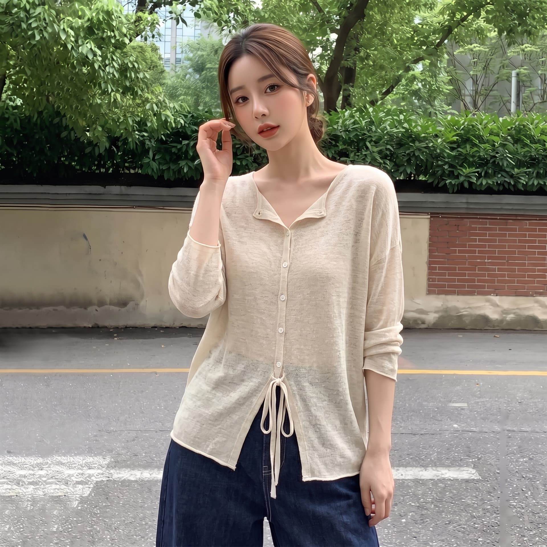 실사 빅 사이즈 레트로 V넥 레이스업 얇은 스타일 니트 오픈 가디건 여성 여름 경기 슬립 드레스 외부 가져 가라. 얇은 스타일 맨위