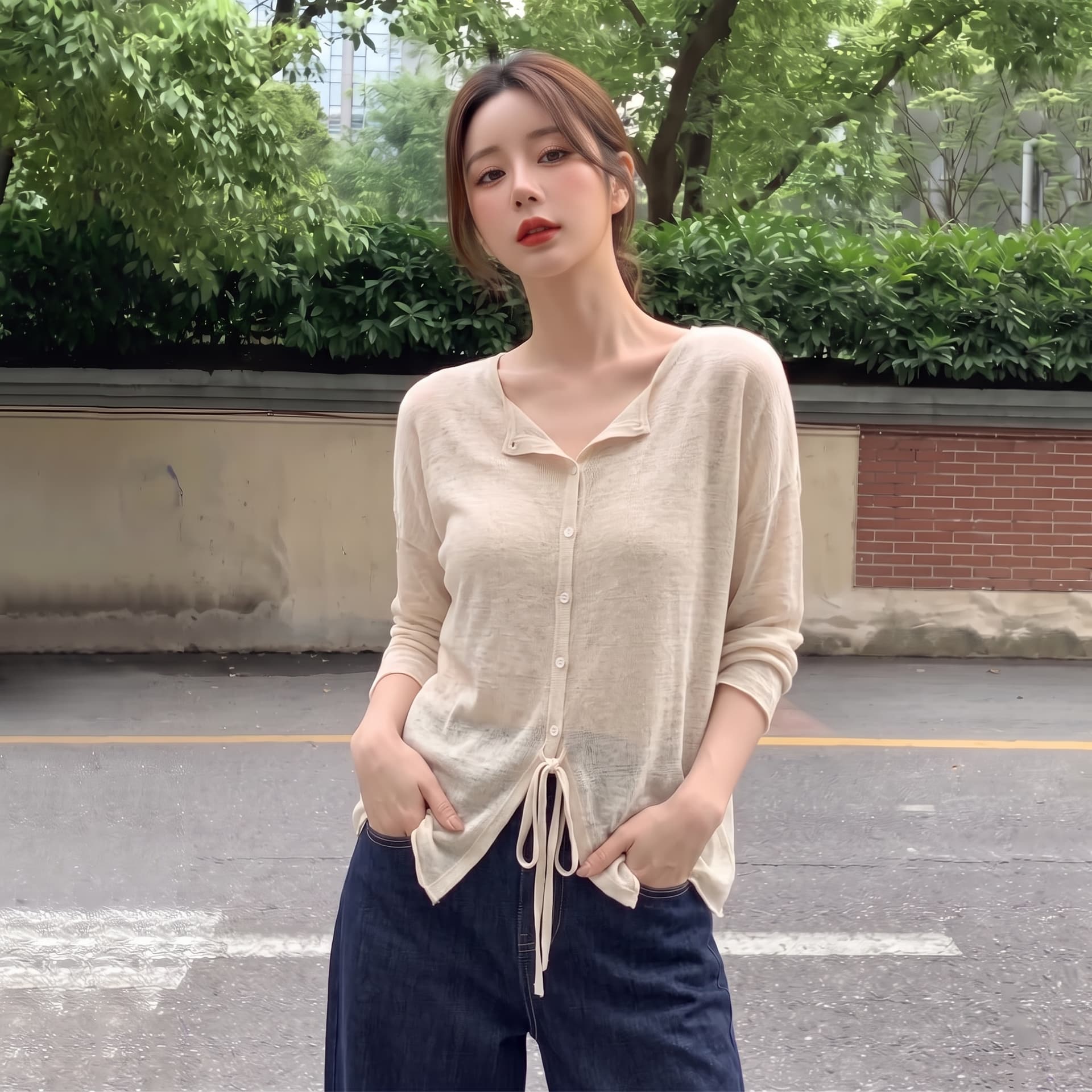 실사 빅 사이즈 레트로 V넥 레이스업 얇은 스타일 니트 오픈 가디건 여성 여름 경기 슬립 드레스 외부 가져 가라. 얇은 스타일 맨위 이미지 3