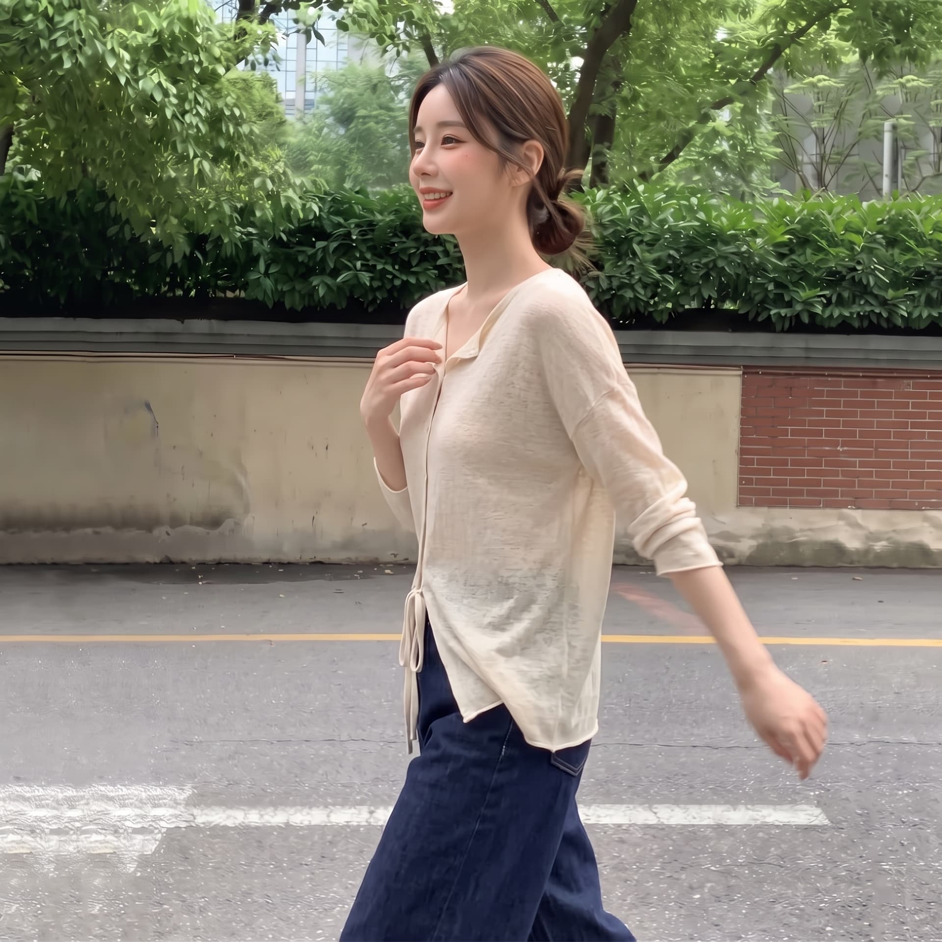 실사 빅 사이즈 레트로 V넥 레이스업 얇은 스타일 니트 오픈 가디건 여성 여름 경기 슬립 드레스 외부 가져 가라. 얇은 스타일 맨위 이미지 4