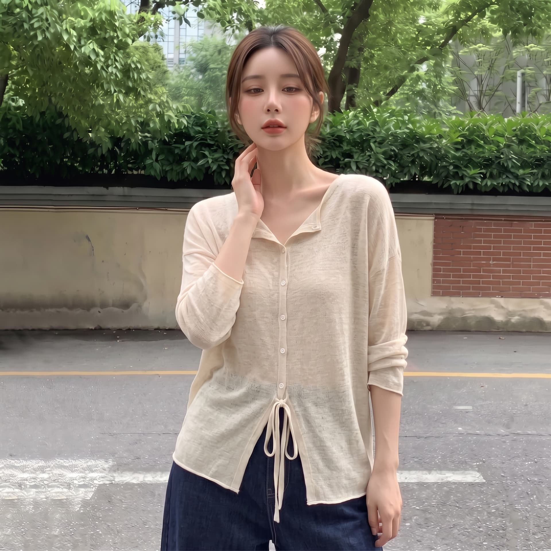 실사 빅 사이즈 레트로 V넥 레이스업 얇은 스타일 니트 오픈 가디건 여성 여름 경기 슬립 드레스 외부 가져 가라. 얇은 스타일 맨위 상세 이미지 6