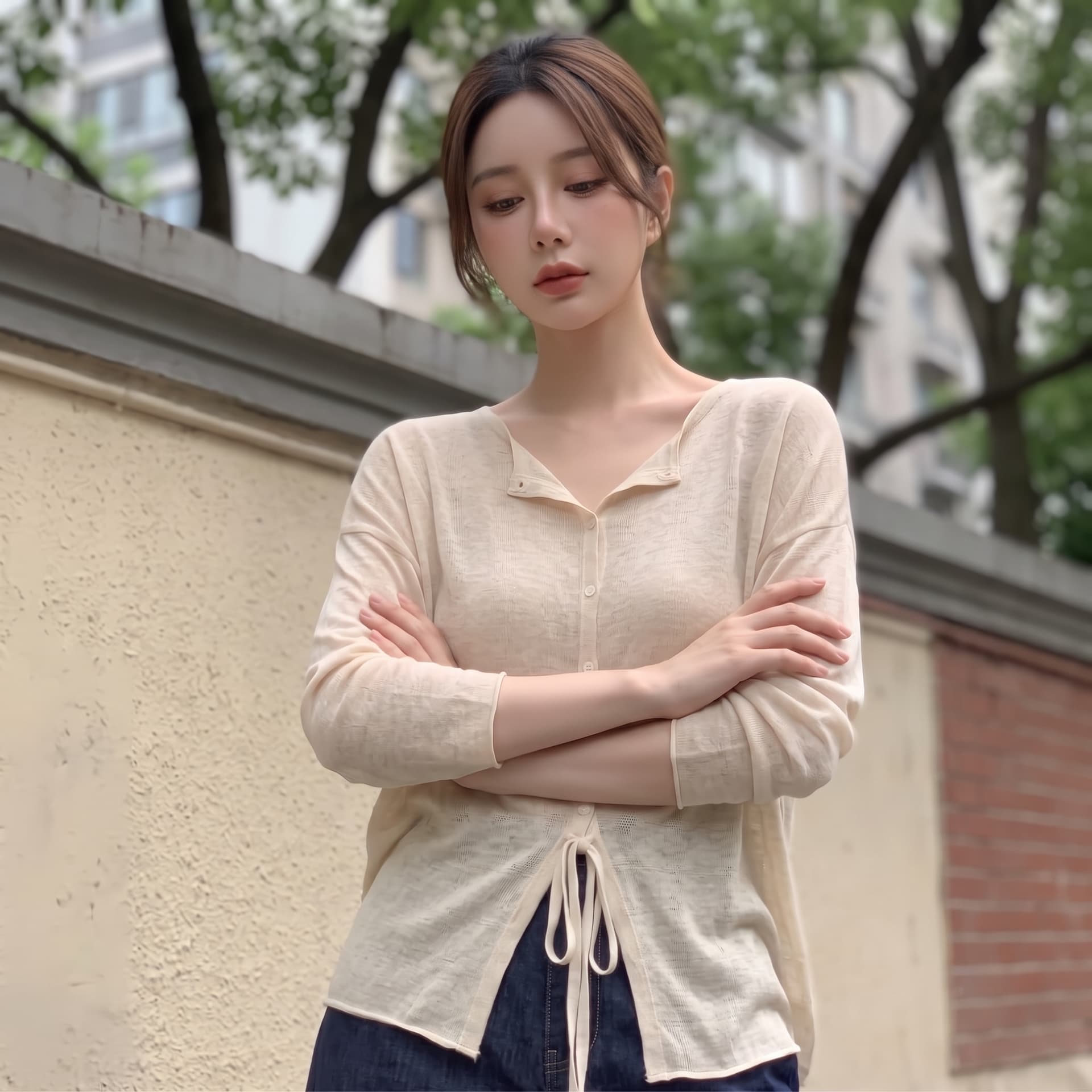실사 빅 사이즈 레트로 V넥 레이스업 얇은 스타일 니트 오픈 가디건 여성 여름 경기 슬립 드레스 외부 가져 가라. 얇은 스타일 맨위 상세 이미지 8