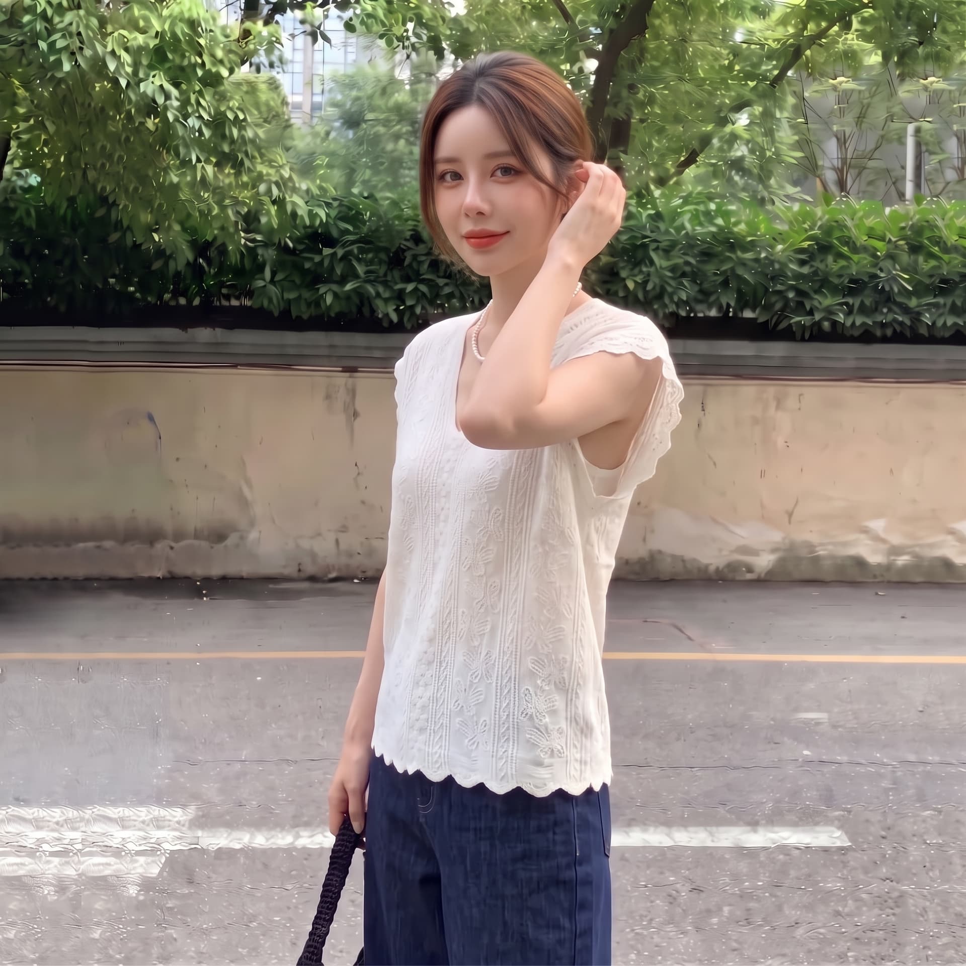 실사 빅 사이즈 여름 무거운 작업 자수 자카드 V넥 홀로우 아웃 니트 스웨터 여성 느긋한 바람 얇은 스타일 얼음 실크 맨위 상세 이미지 4