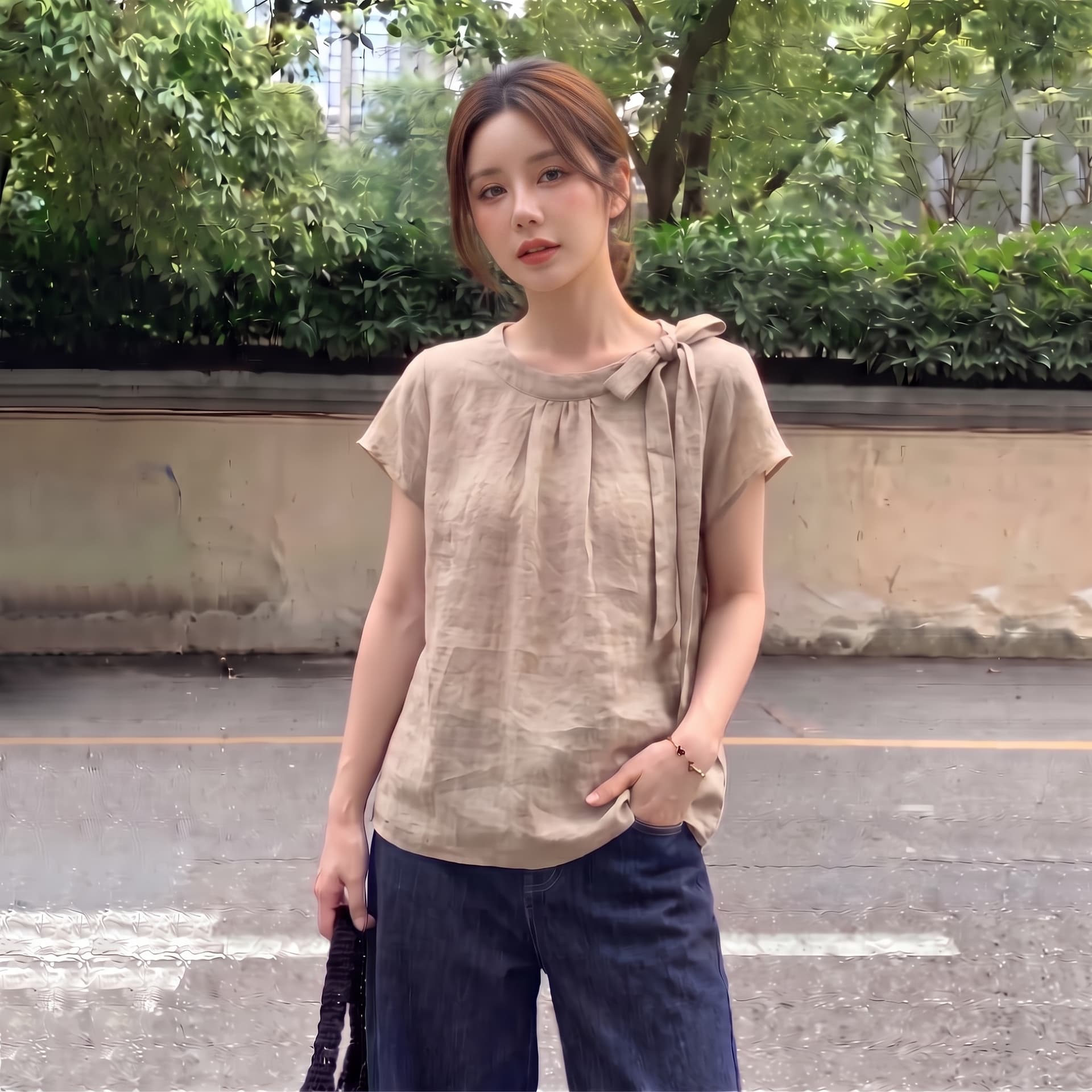 실사 빅 사이즈 여름 새로운 나비 넥타이 반팔 여성 셔츠 루즈핏 슬림해 보이는 디자인 센스 주름 맨위 이미지 3