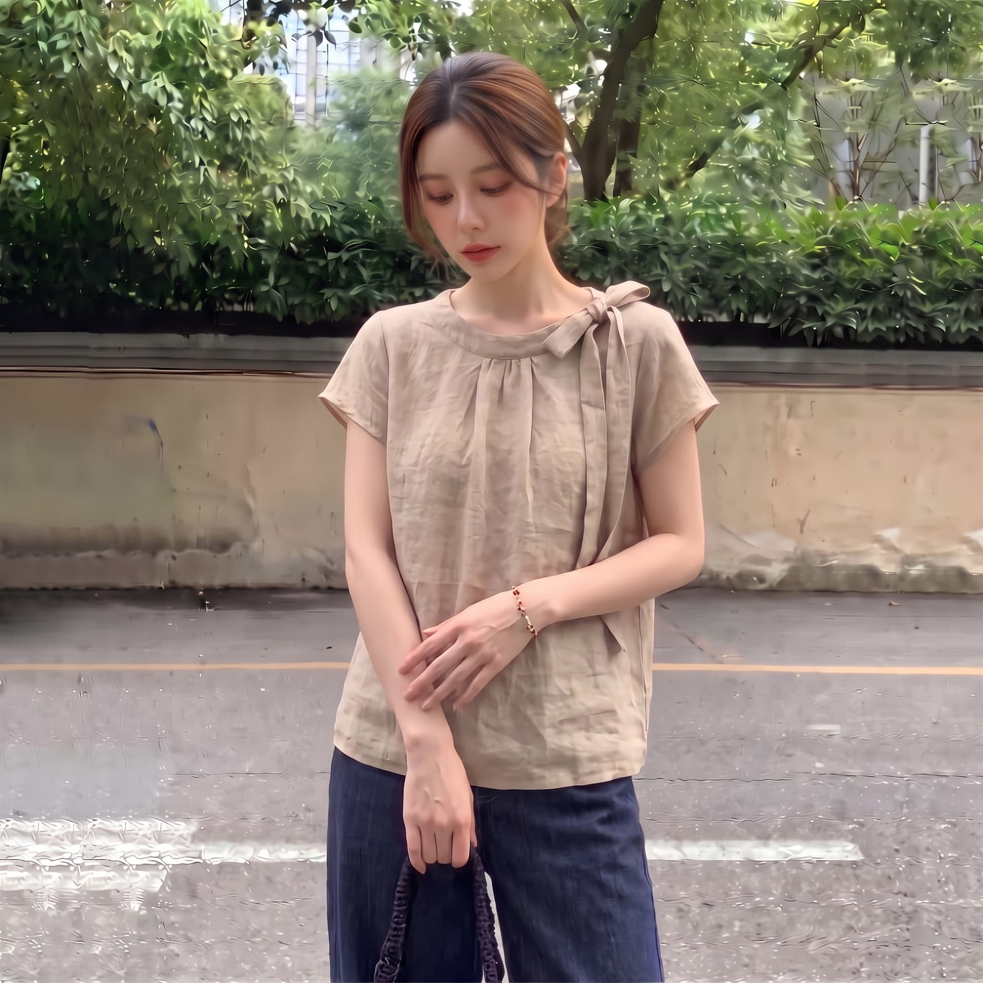 실사 빅 사이즈 여름 새로운 나비 넥타이 반팔 여성 셔츠 루즈핏 슬림해 보이는 디자인 센스 주름 맨위 이미지 5