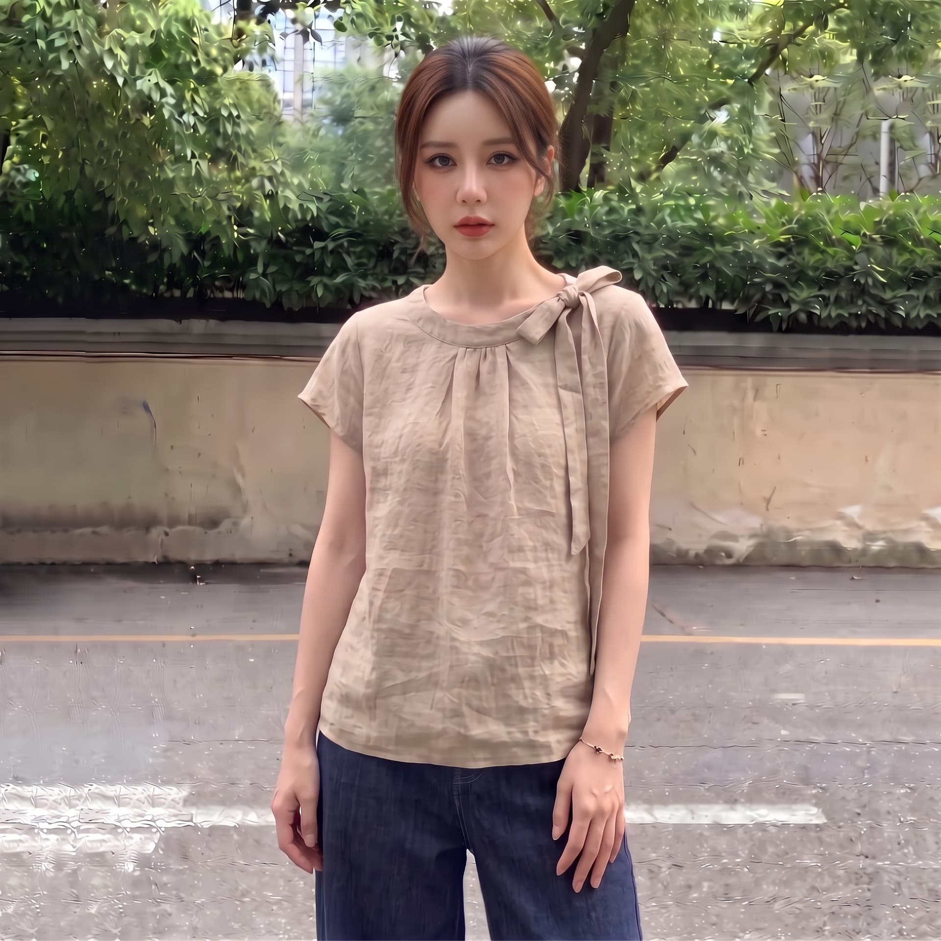 실사 빅 사이즈 여름 새로운 나비 넥타이 반팔 여성 셔츠 루즈핏 슬림해 보이는 디자인 센스 주름 맨위 이미지 2