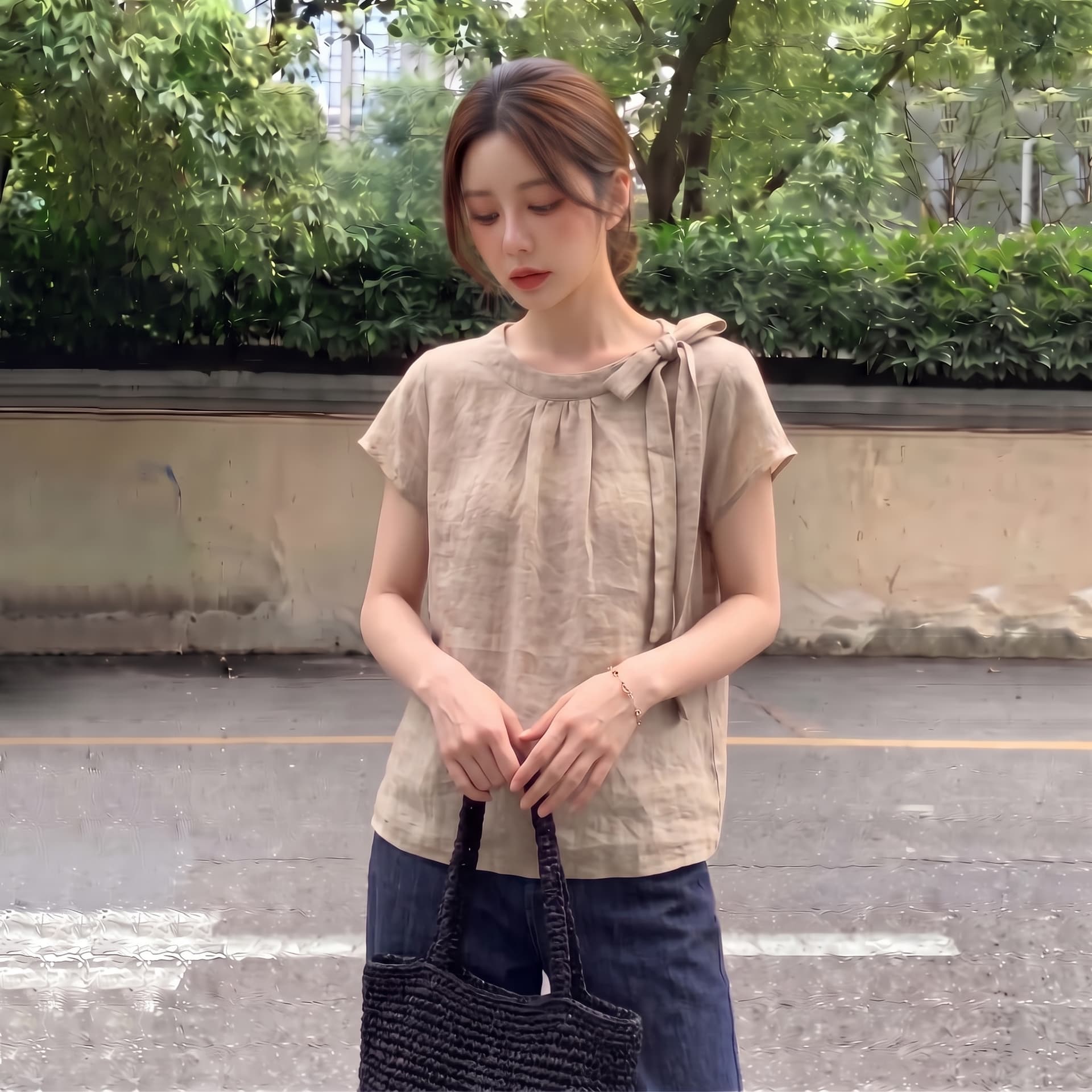 실사 빅 사이즈 여름 새로운 나비 넥타이 반팔 여성 셔츠 루즈핏 슬림해 보이는 디자인 센스 주름 맨위 상세 이미지 6