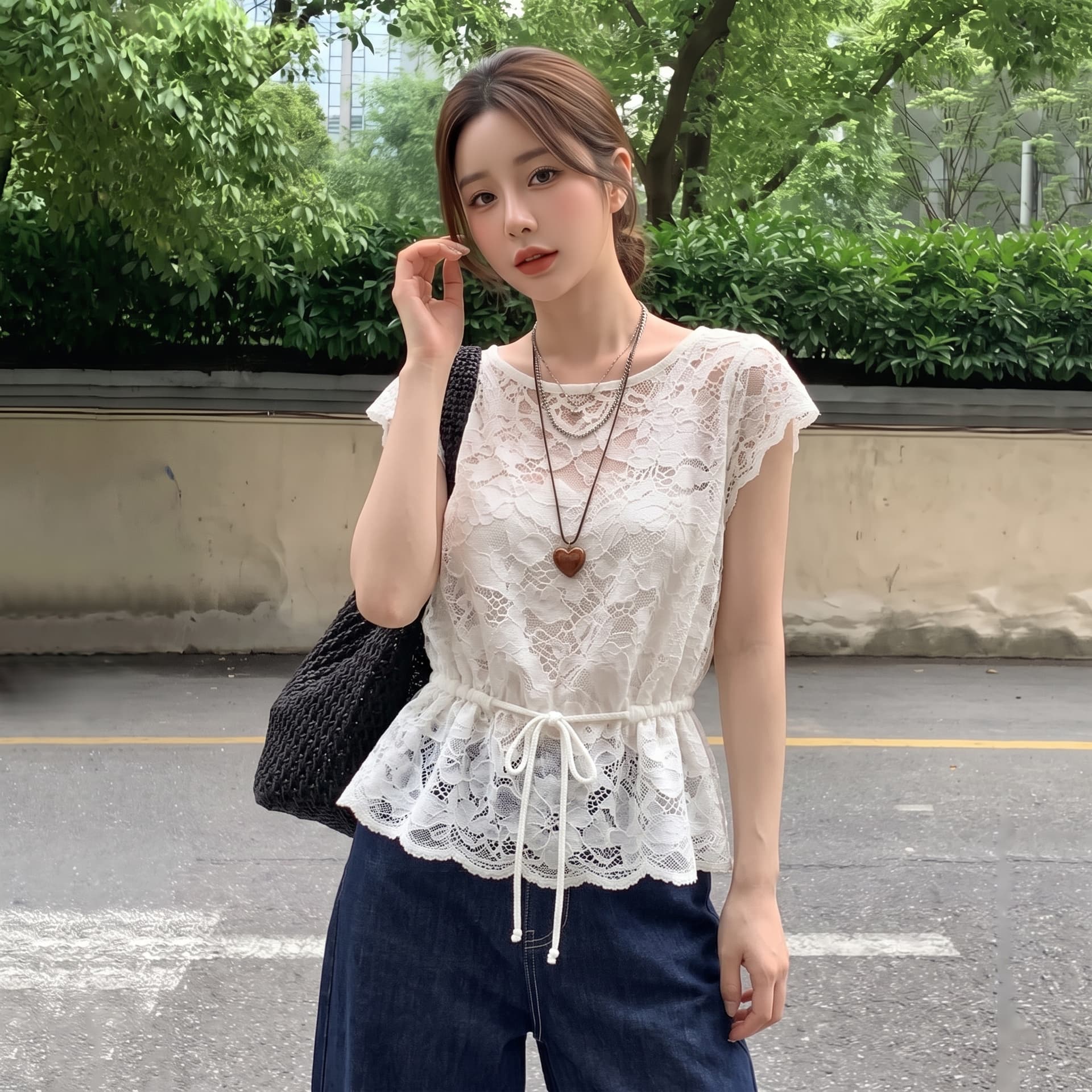 실사 빅 사이즈 여름 새로운 블루 색상 레이스 작은 셔츠 레이스업 홀로우 아웃 티셔츠 여성 마이크로 지방 표지 배 맨위 이미지 4