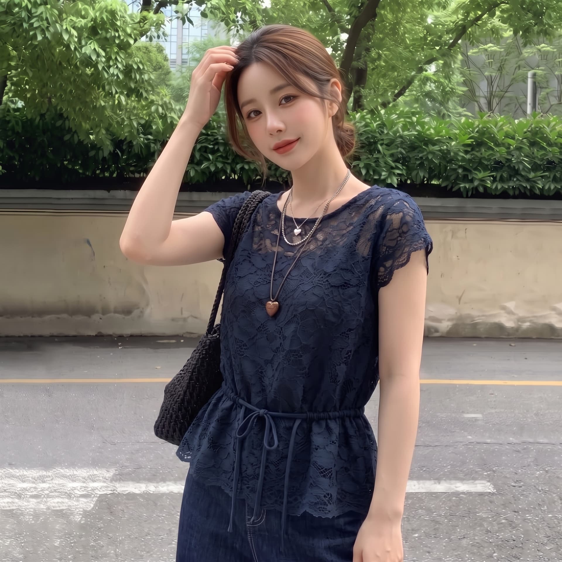 실사 빅 사이즈 여름 새로운 블루 색상 레이스 작은 셔츠 레이스업 홀로우 아웃 티셔츠 여성 마이크로 지방 표지 배 맨위 상세 이미지 2