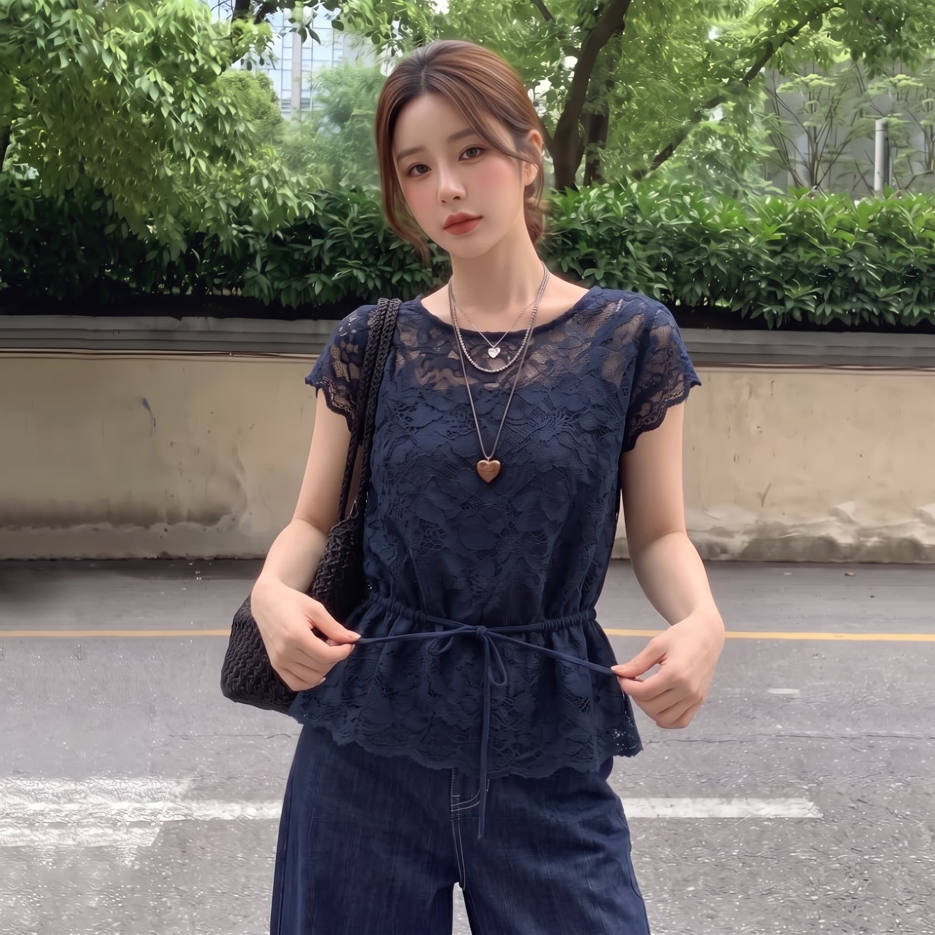 실사 빅 사이즈 여름 새로운 블루 색상 레이스 작은 셔츠 레이스업 홀로우 아웃 티셔츠 여성 마이크로 지방 표지 배 맨위 상세 이미지 3