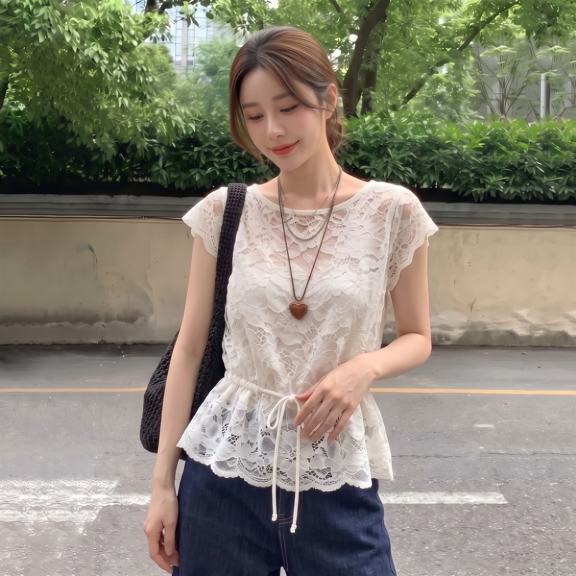 실사 빅 사이즈 여름 새로운 블루 색상 레이스 작은 셔츠 레이스업 홀로우 아웃 티셔츠 여성 마이크로 지방 표지 배 맨위 상세 이미지 6