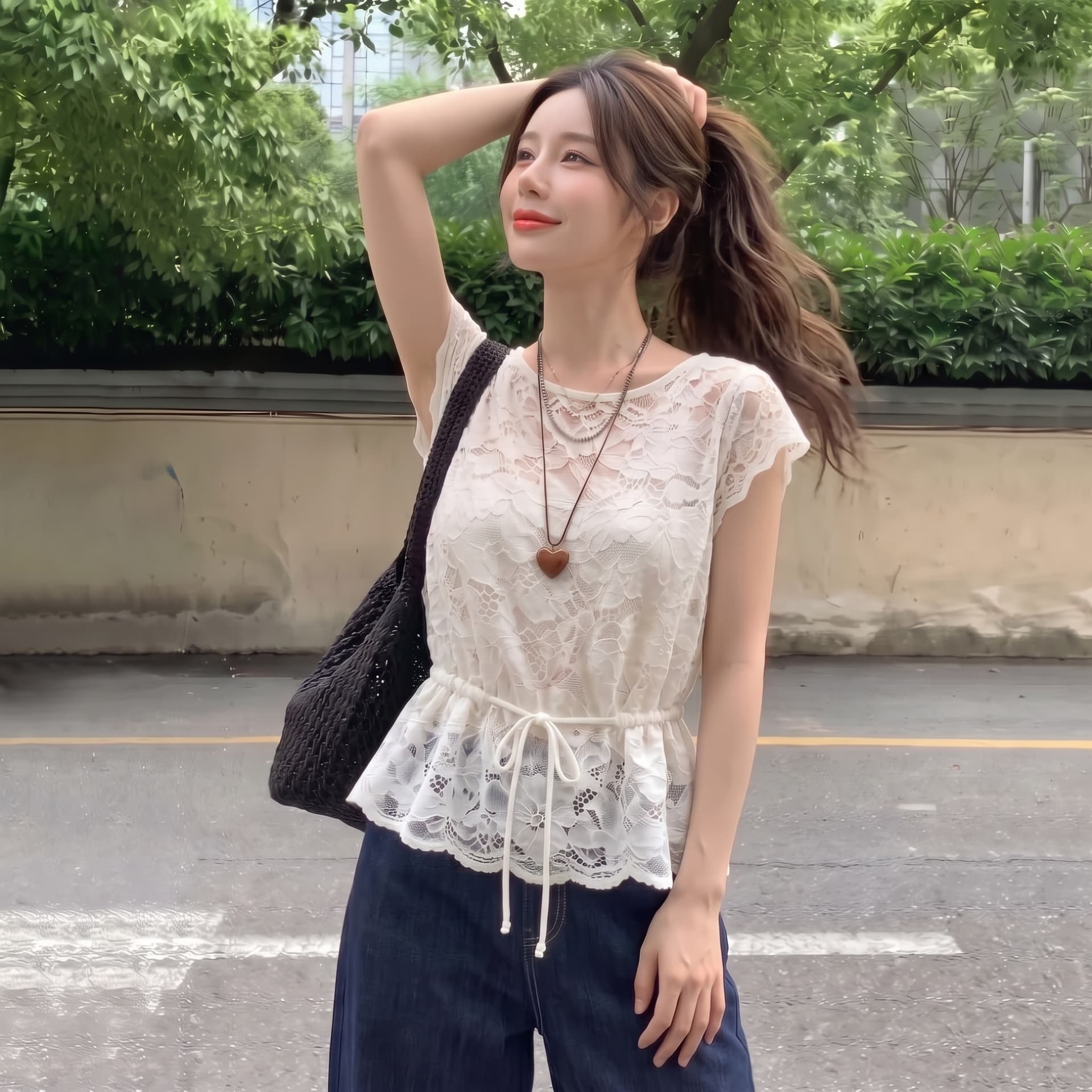 실사 빅 사이즈 여름 새로운 블루 색상 레이스 작은 셔츠 레이스업 홀로우 아웃 티셔츠 여성 마이크로 지방 표지 배 맨위 상세 이미지 7