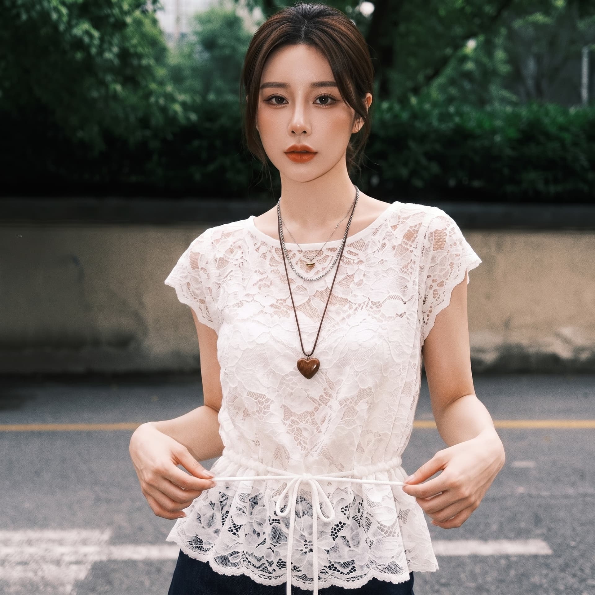 실사 빅 사이즈 여름 새로운 블루 색상 레이스 작은 셔츠 레이스업 홀로우 아웃 티셔츠 여성 마이크로 지방 표지 배 맨위 상세 이미지 8