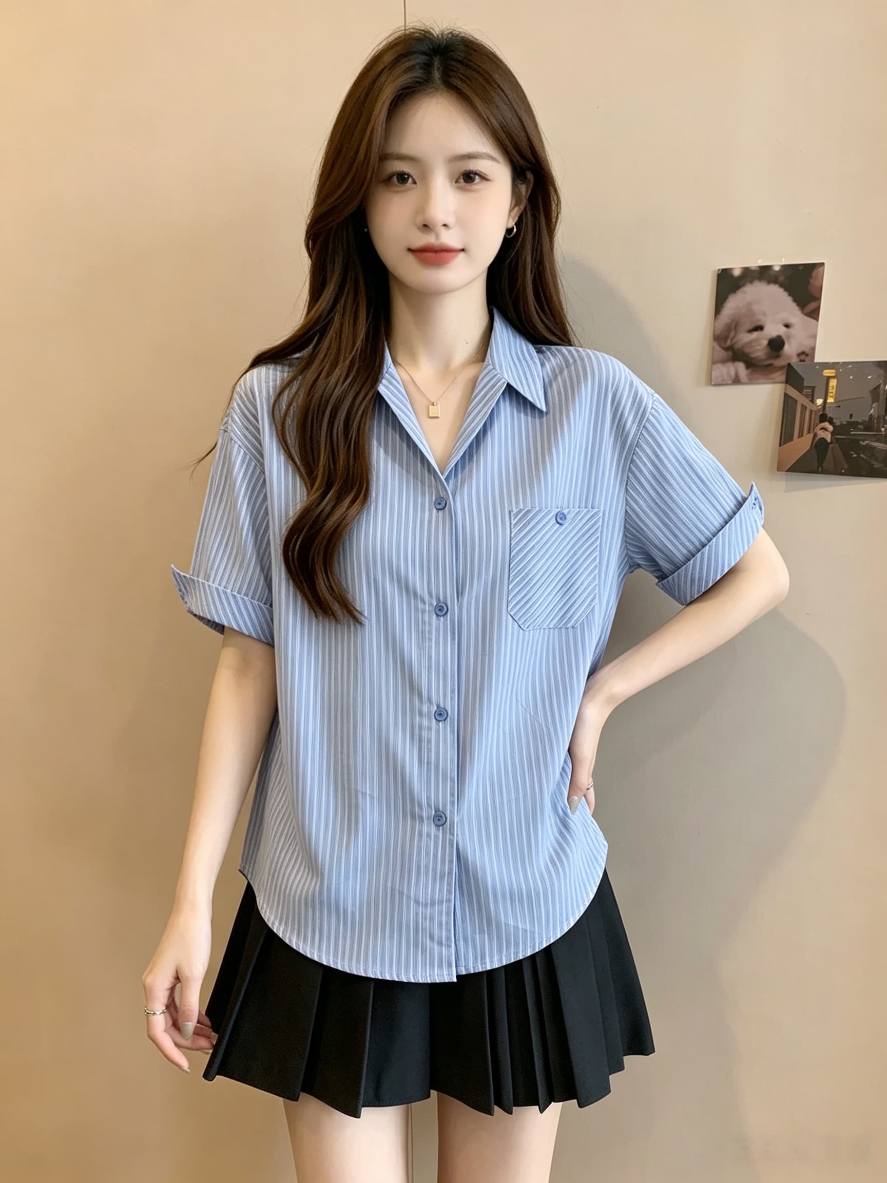 실사 여름 프랑스식 스트라이프 반팔 셔츠 루즈핏 뒤집다 옆문 襟 파란색 새로운 작은 폴로 칼라 Chic 맨위 이미지 2