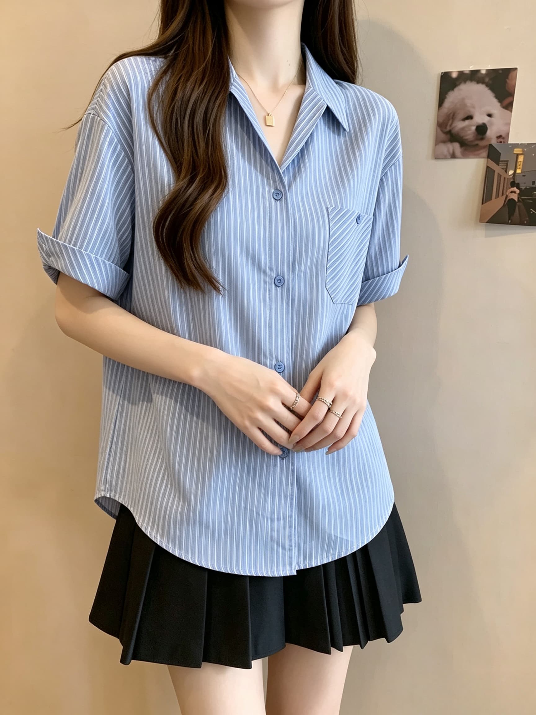 실사 여름 프랑스식 스트라이프 반팔 셔츠 루즈핏 뒤집다 옆문 襟 파란색 새로운 작은 폴로 칼라 Chic 맨위 상세 이미지 2