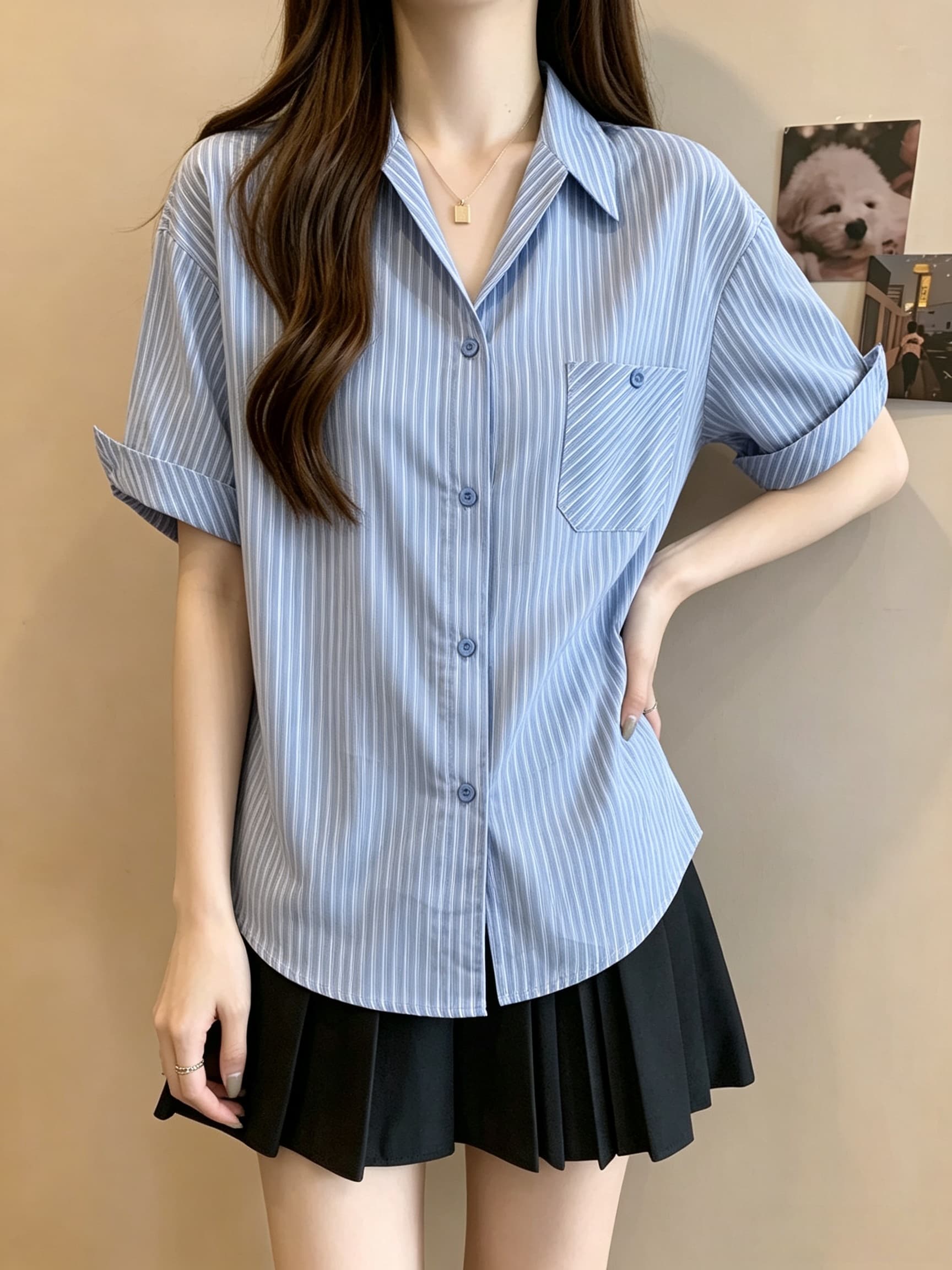 실사 여름 프랑스식 스트라이프 반팔 셔츠 루즈핏 뒤집다 옆문 襟 파란색 새로운 작은 폴로 칼라 Chic 맨위 상세 이미지 3