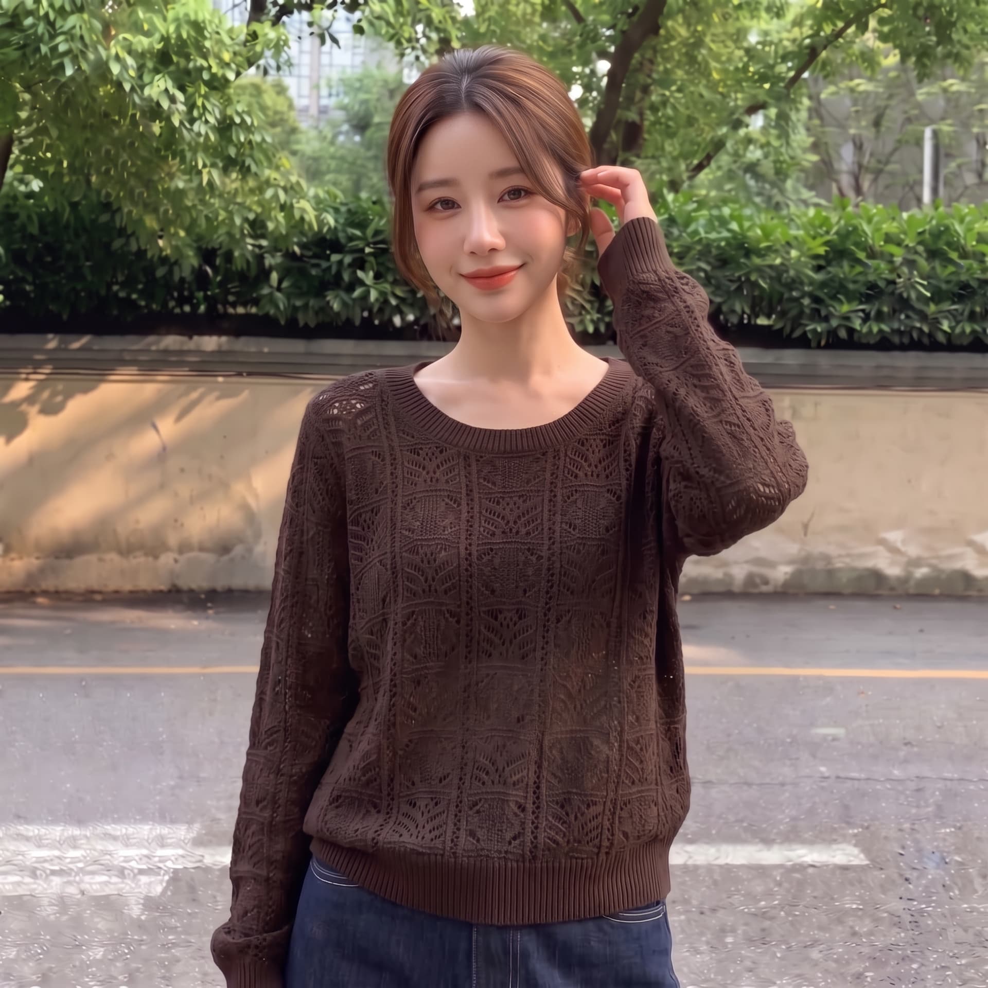 실사 빅 사이즈 가을 새로운 레트로 홀로우 아웃 니트 스웨터 여성 품격 다용도 한 부서 자수 긴팔 맨위 이미지 4