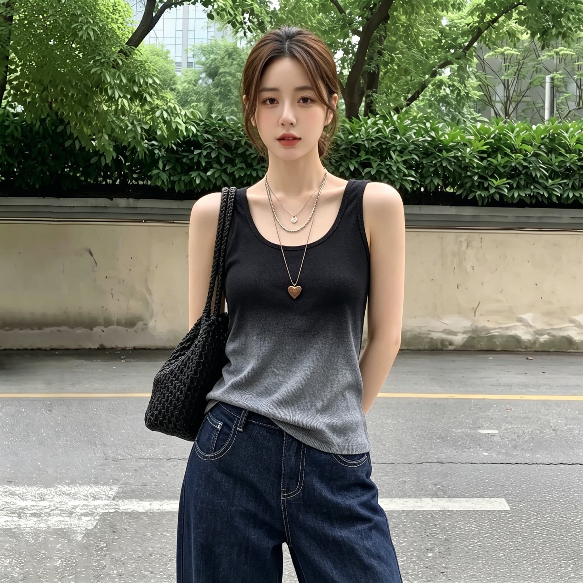 실사 빅 사이즈 그라데이션 u 칼라 민소매 슬립 운동 조끼 여성 여름 외출용 몸매 가꾸기 슬림해 보이는 쇼트 스타일 아름다움 뒤쪽에 의류 이미지 5
