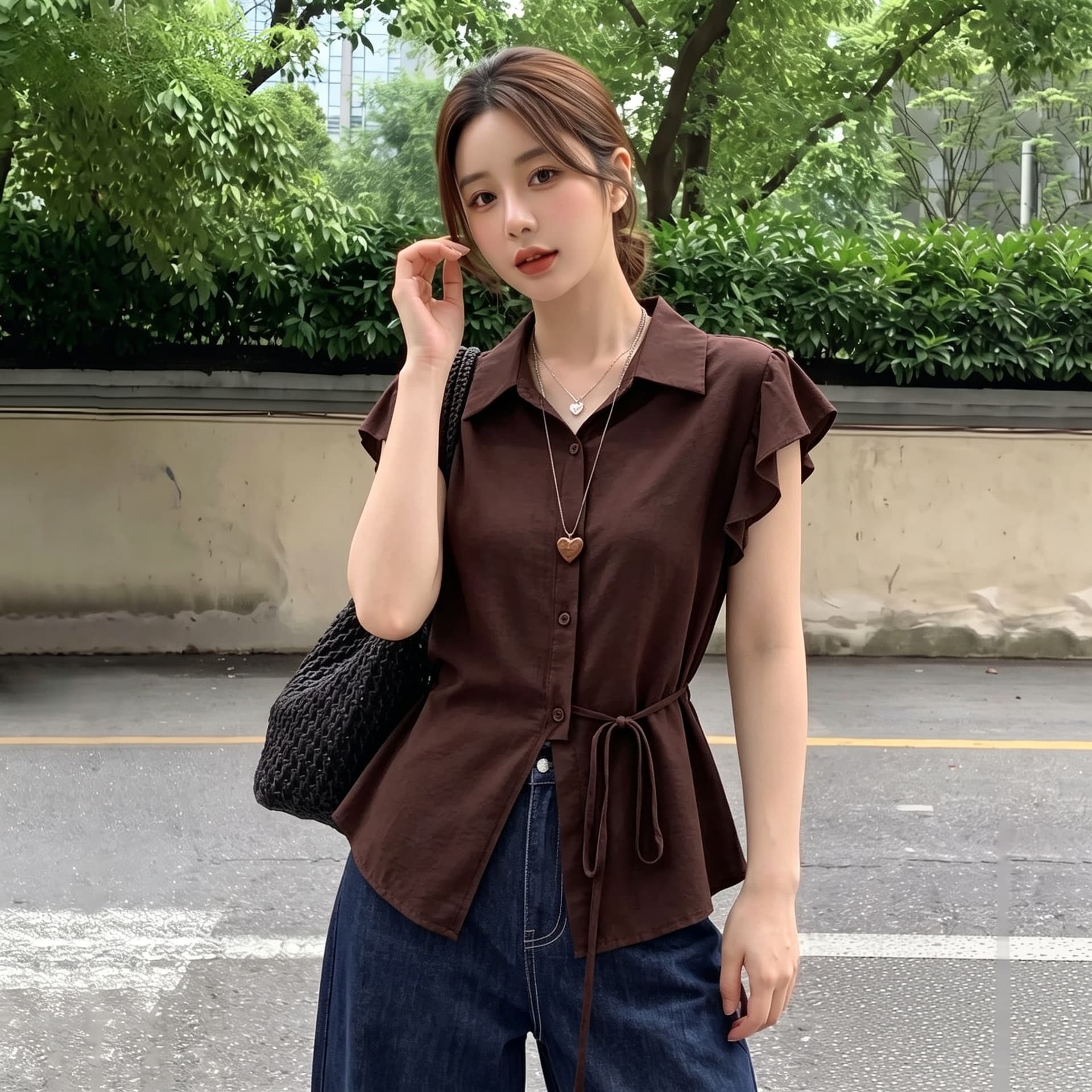 실사 빅 사이즈 고유 한 Chic 아름다운 POLO 칼라 맨위 여름 여성 의류 외국 가스 다용도 레이스업 민소매 셔츠