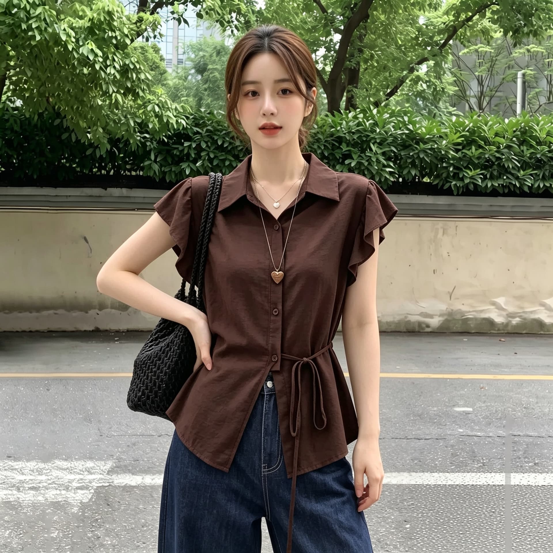 실사 빅 사이즈 고유 한 Chic 아름다운 POLO 칼라 맨위 여름 여성 의류 외국 가스 다용도 레이스업 민소매 셔츠 이미지 3