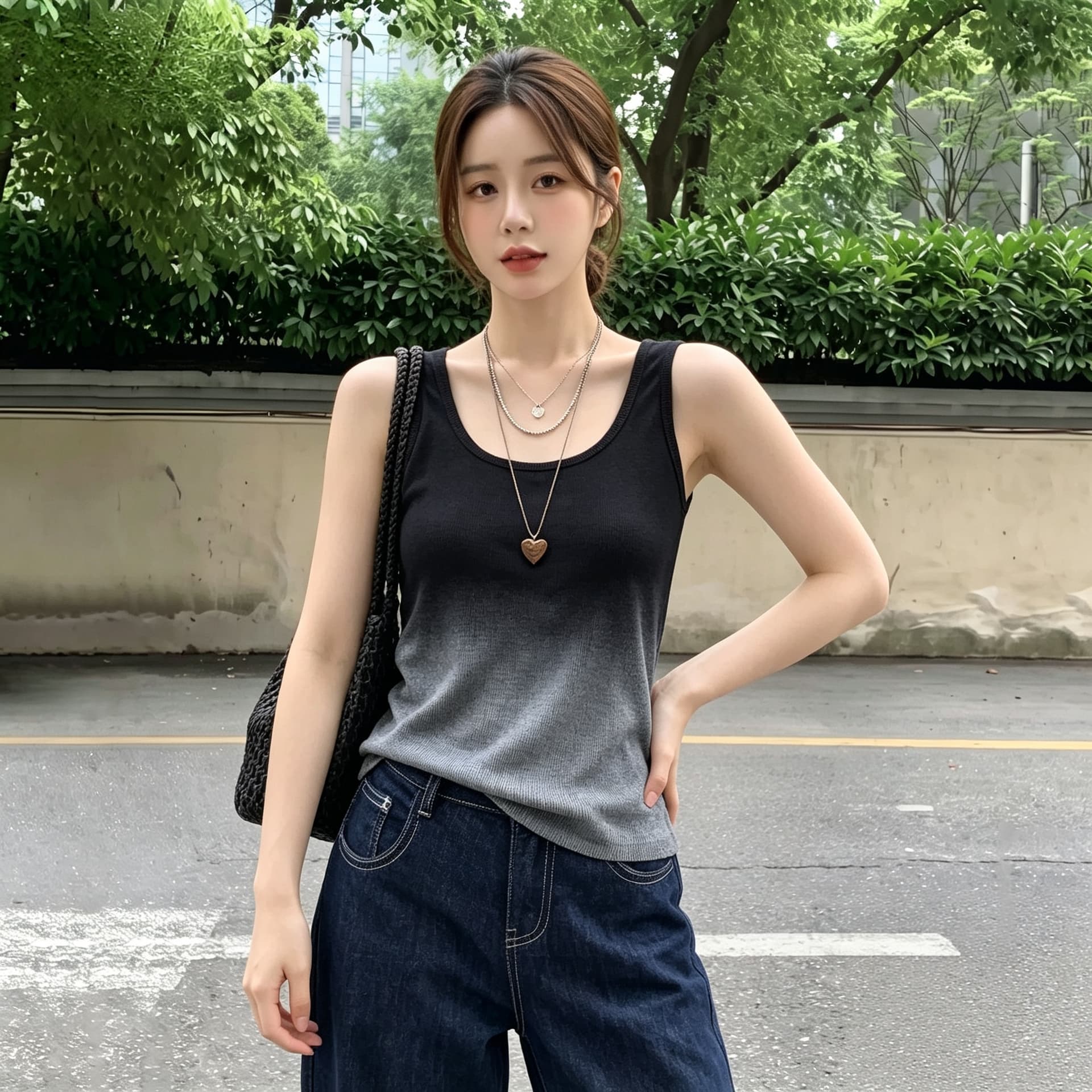 실사 빅 사이즈 그라데이션 u 칼라 민소매 슬립 운동 조끼 여성 여름 외출용 몸매 가꾸기 슬림해 보이는 쇼트 스타일 아름다움 뒤쪽에 의류 상세 이미지 4