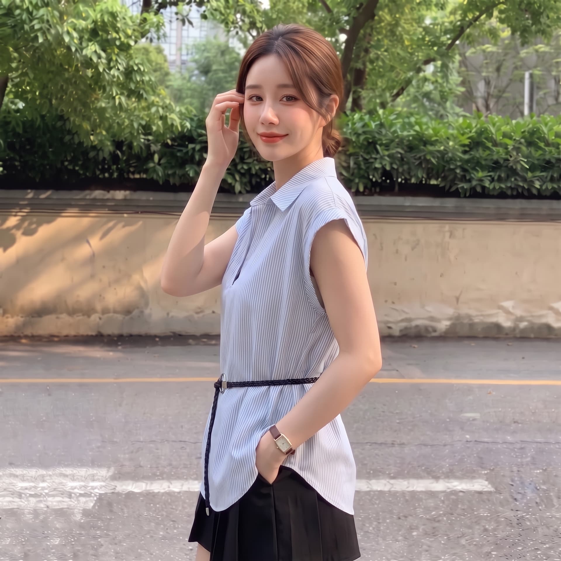 실사 빅 사이즈 면 스트라이프 깊은 v 패치워크 페이크 레이어드 셔츠 프랑스식 품격 폴로 칼라 캐주얼 느슨함 센스 맨위 이미지 4